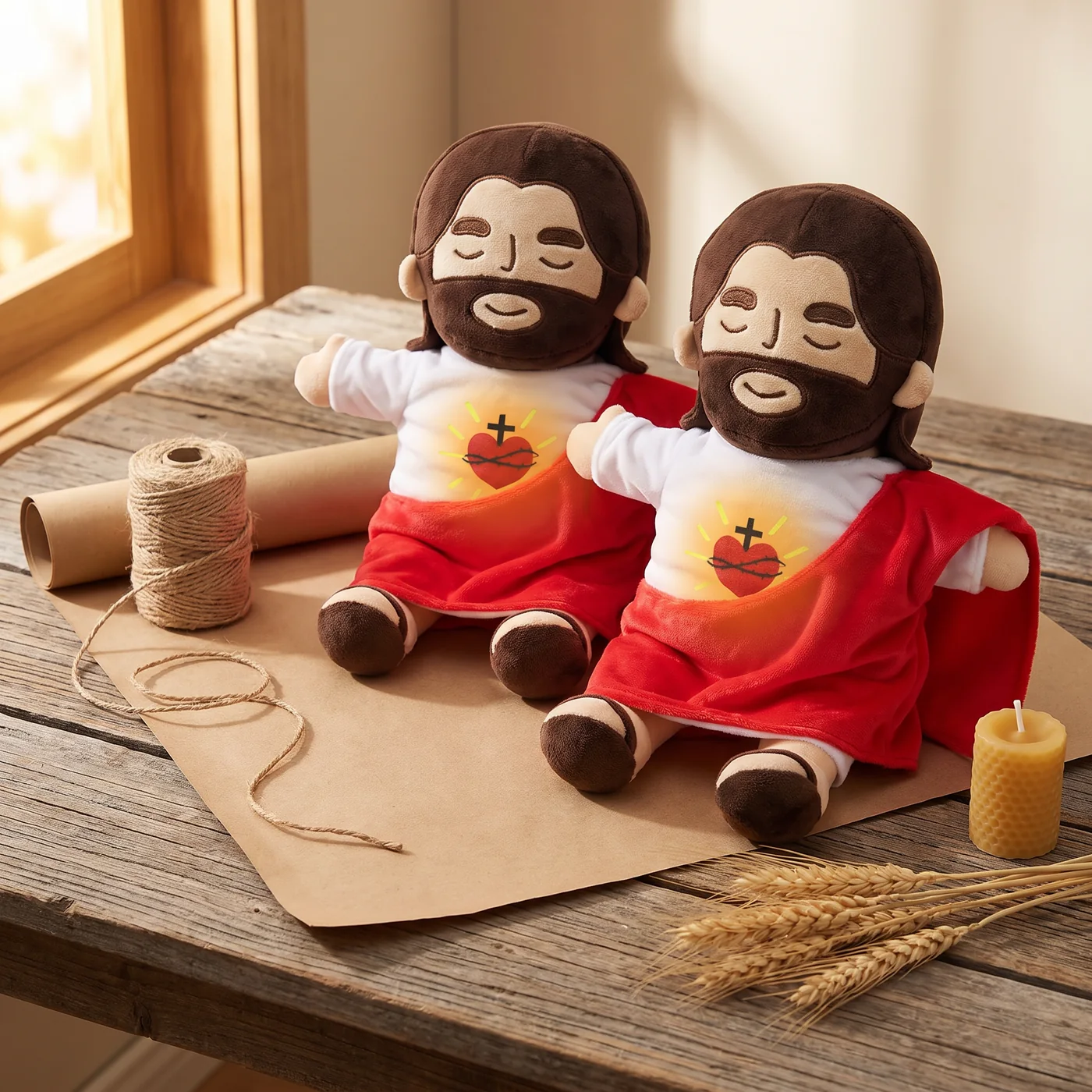 Two of the plush toys on barn wood with kraft paper, twine and dried wheat