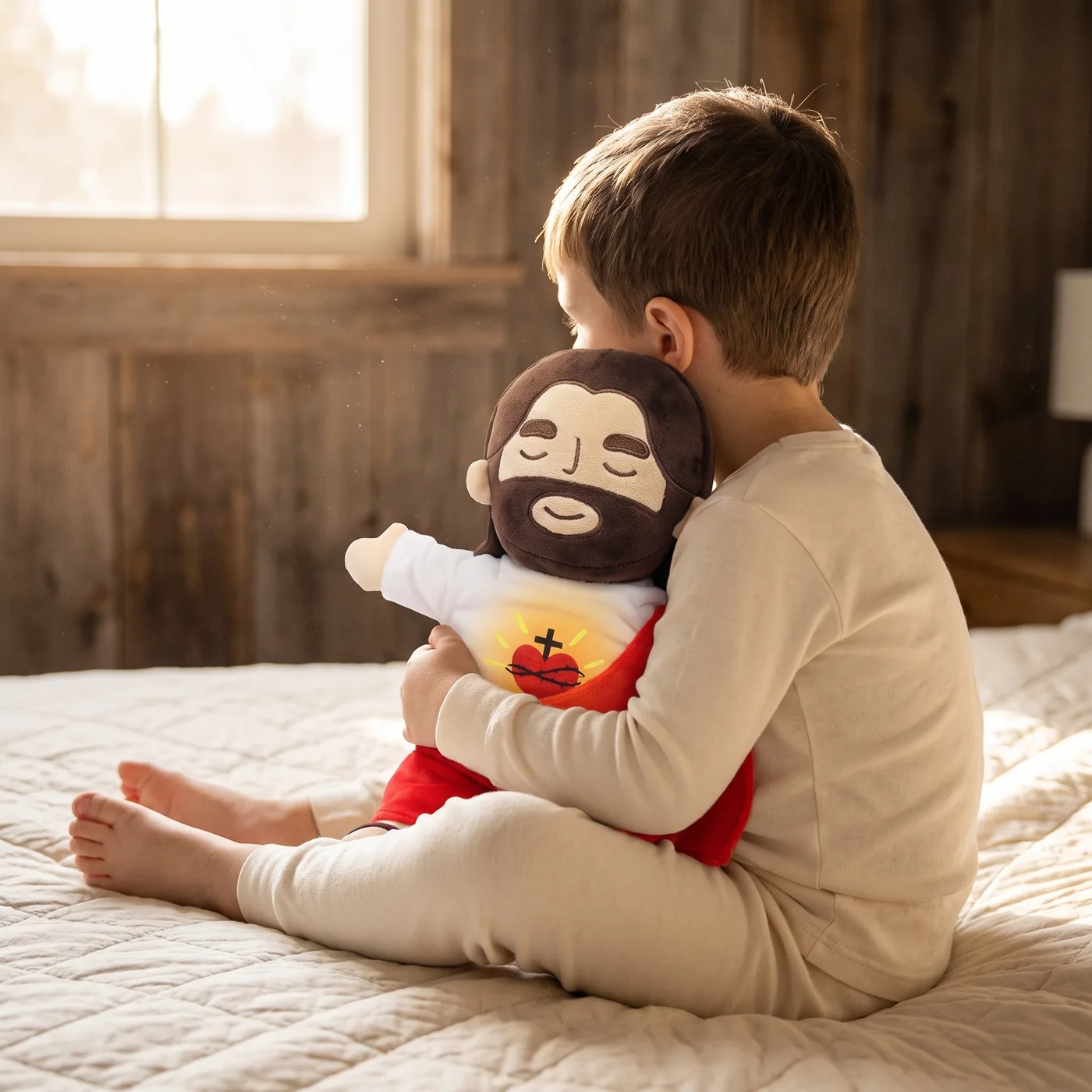 A young child hugging the plush on a quilted bed in morning light