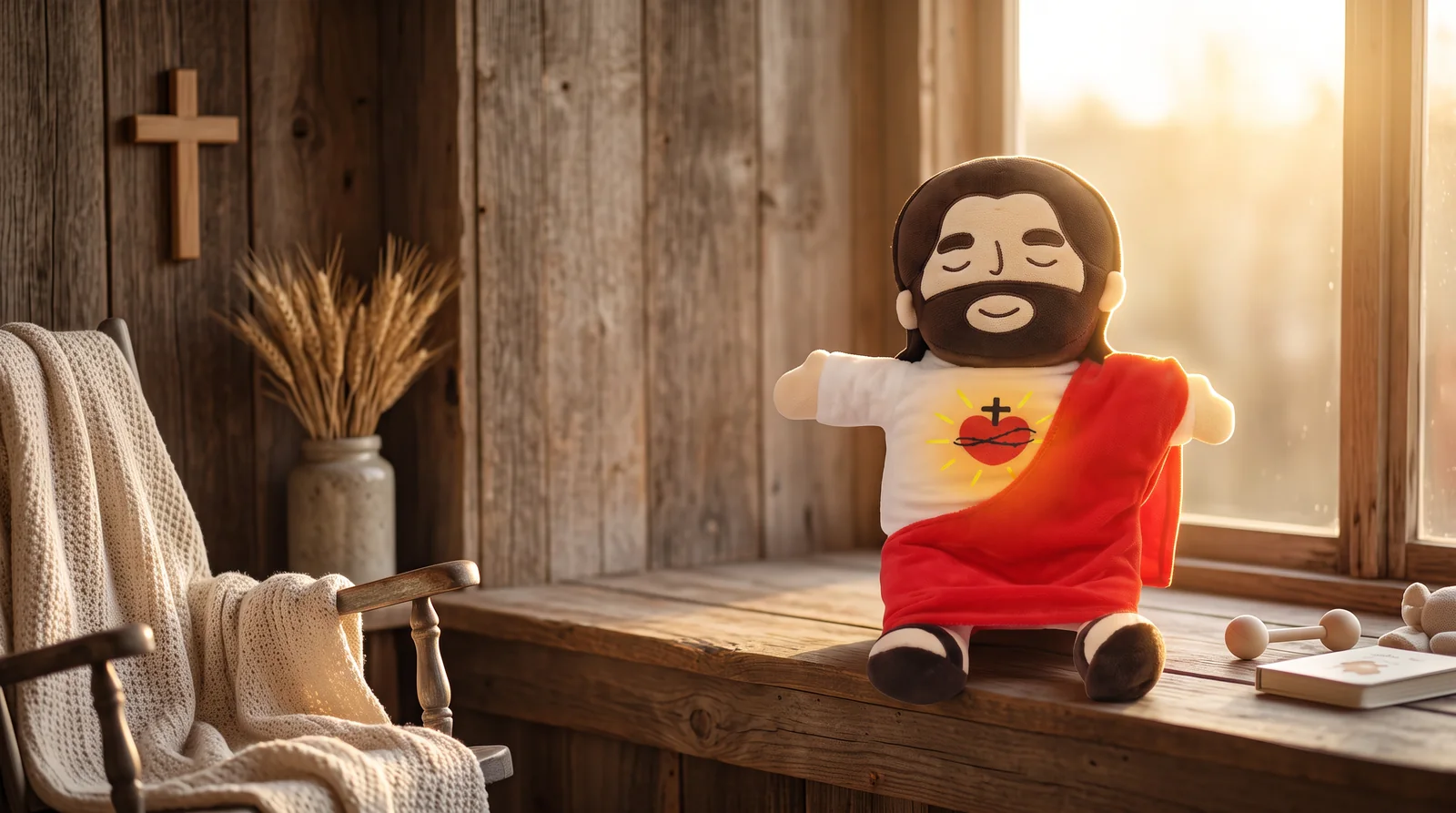 The plush sitting on a farmhouse nursery windowsill at golden hour