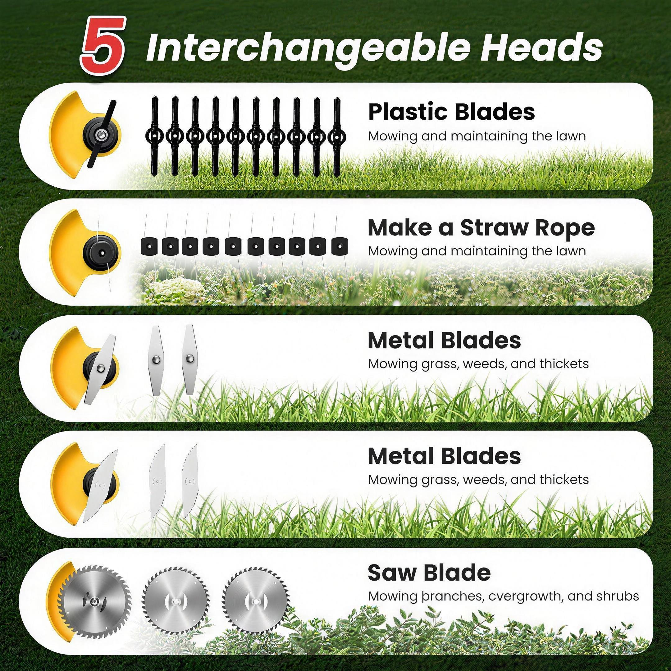 The five interchangeable cutting heads: plastic blades, straw rope, two metal blade styles and a circular saw blade