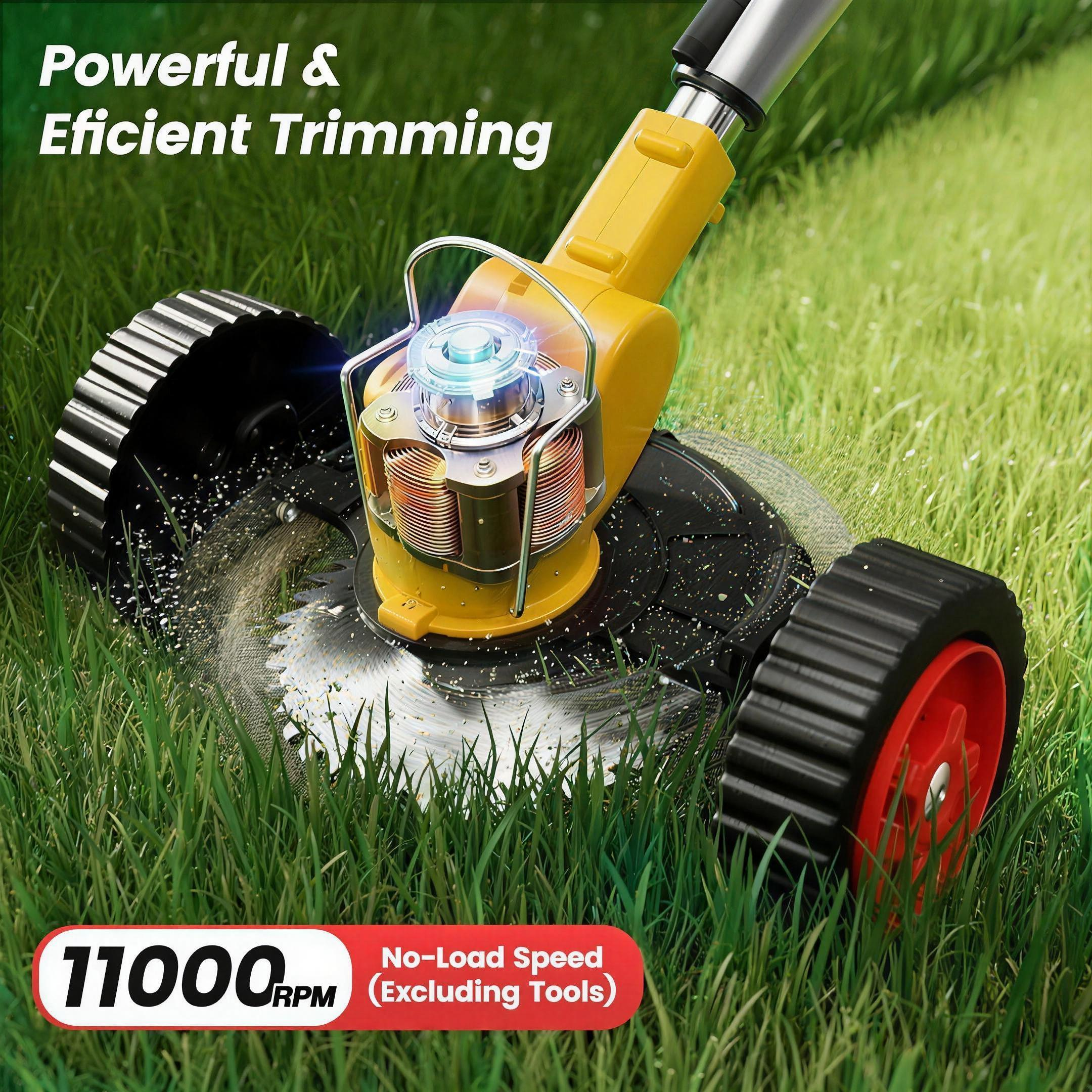Close-up of the cutting head spinning at 11,000 RPM in long grass, wheels resting on the lawn