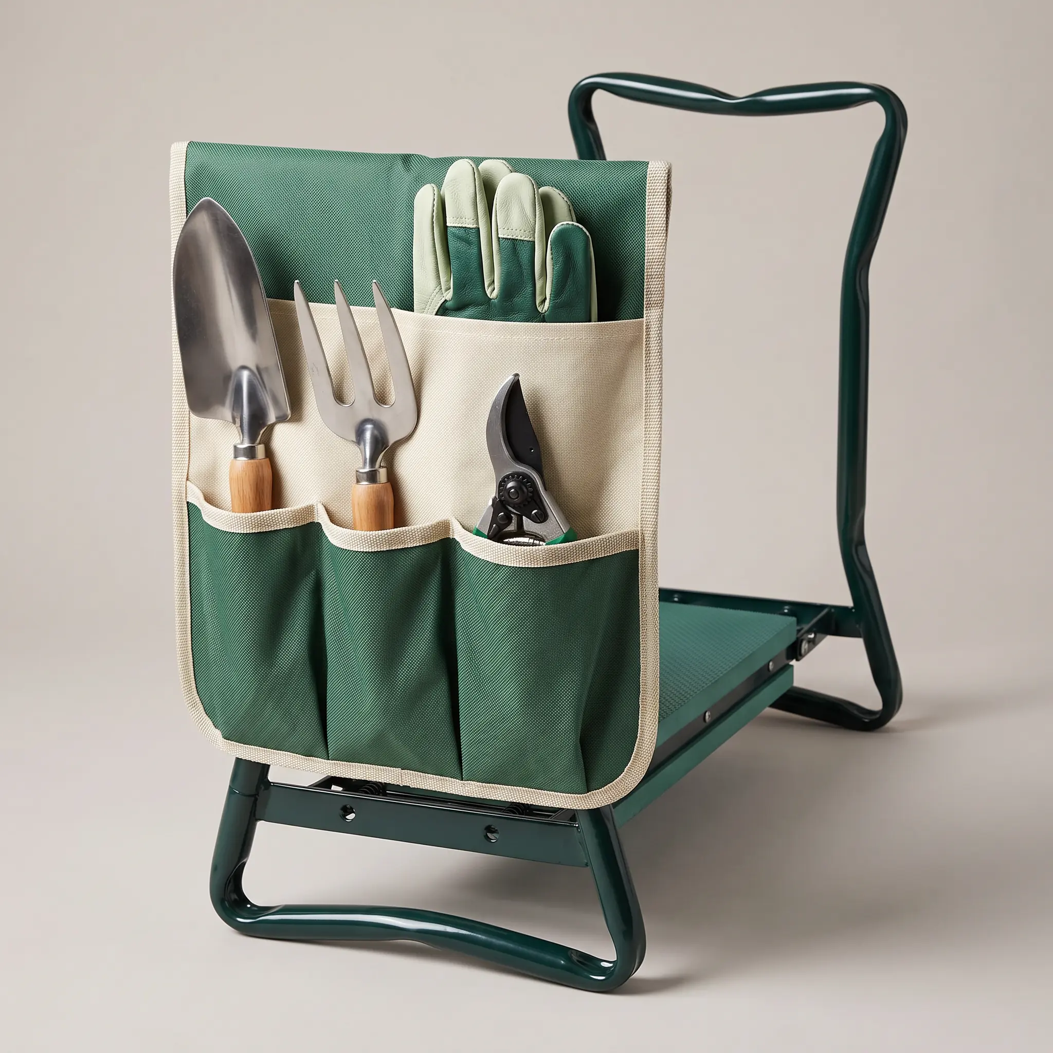 The removable cream and green canvas tool pouch hanging on the frame, shown holding a trowel, hand fork, secateurs and gloves which are not included
