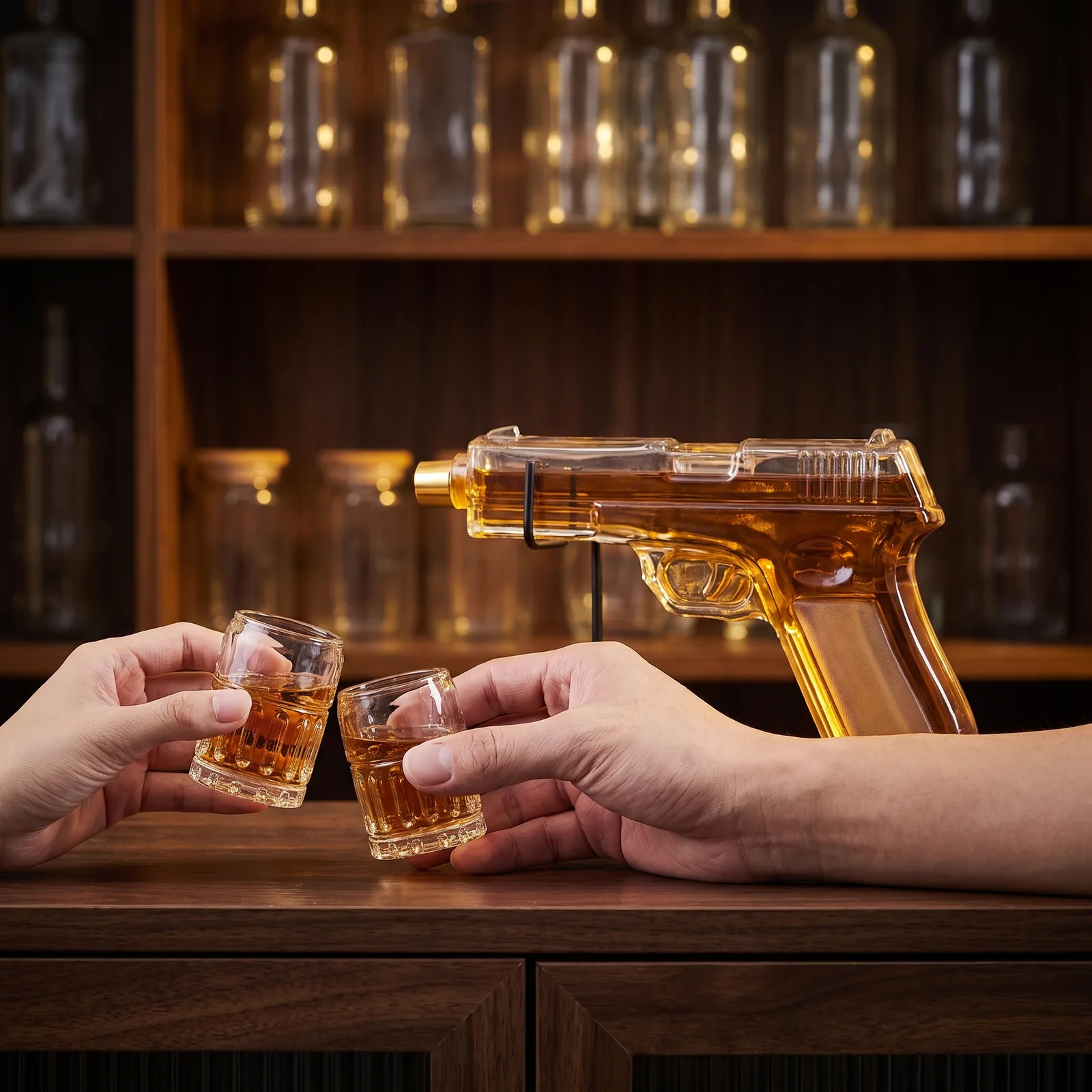 The pistol decanter on a home bar beside its glasses