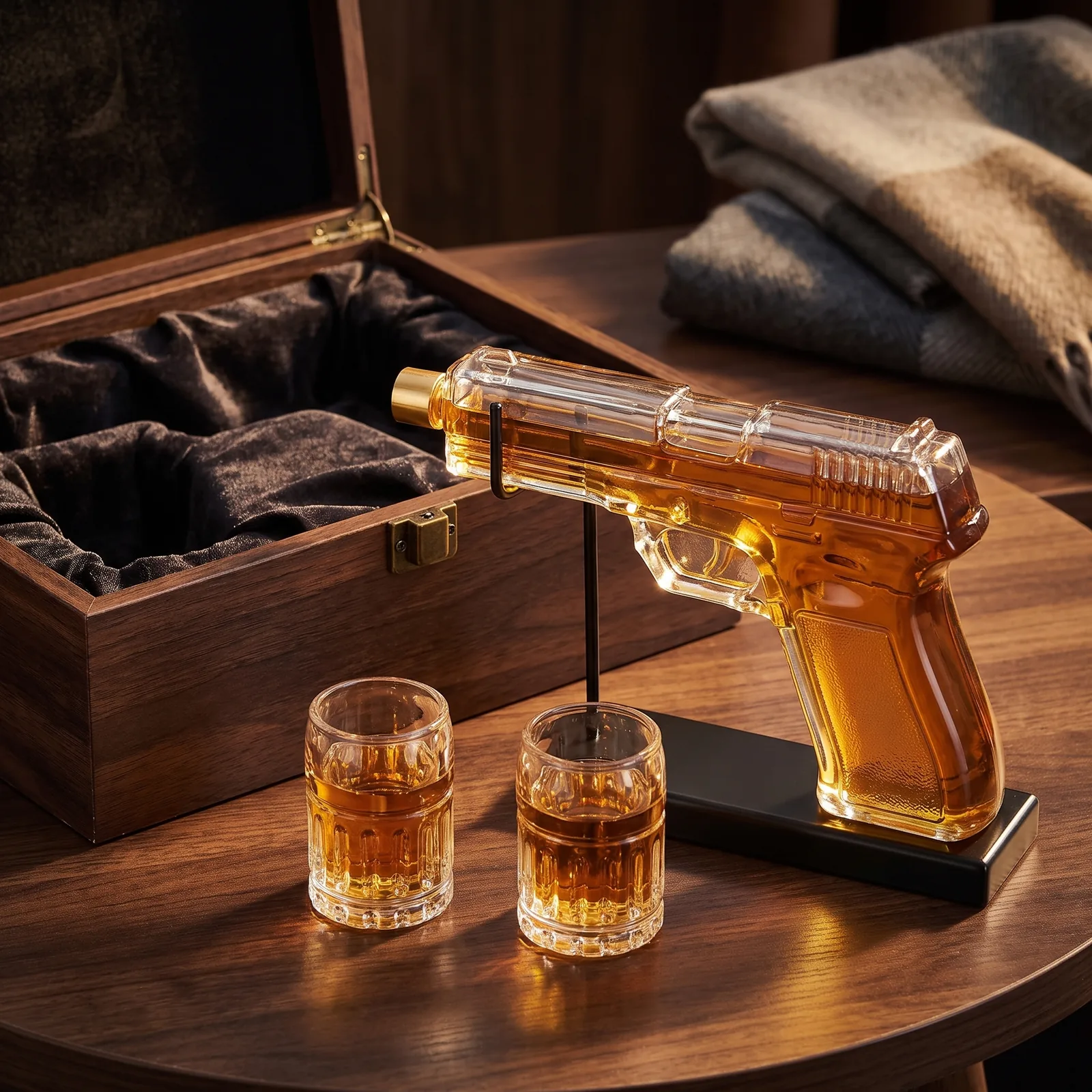 The pistol decanter beside an open lined gift box