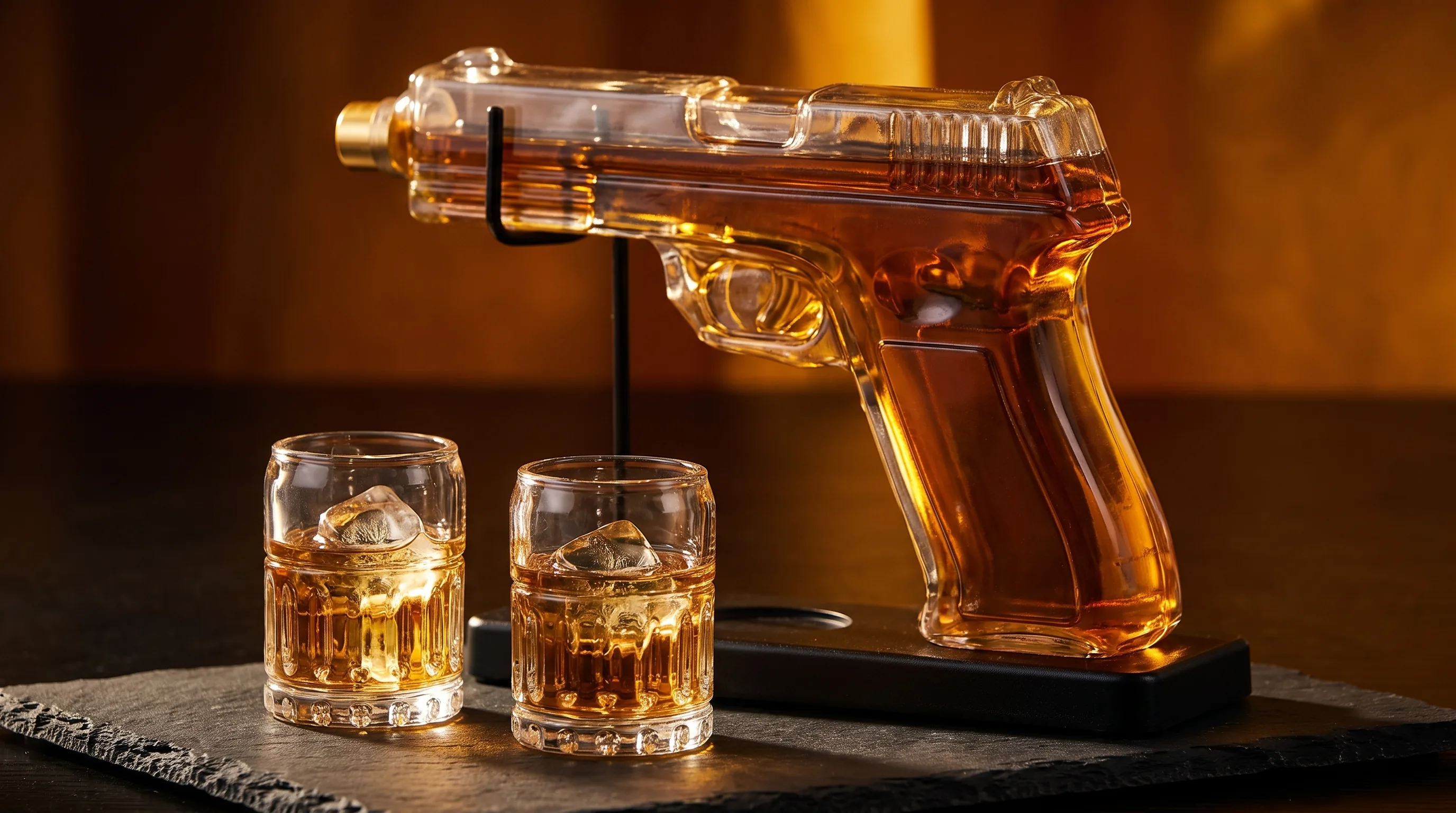 Backlit pistol-shaped glass decanter with two shot glasses