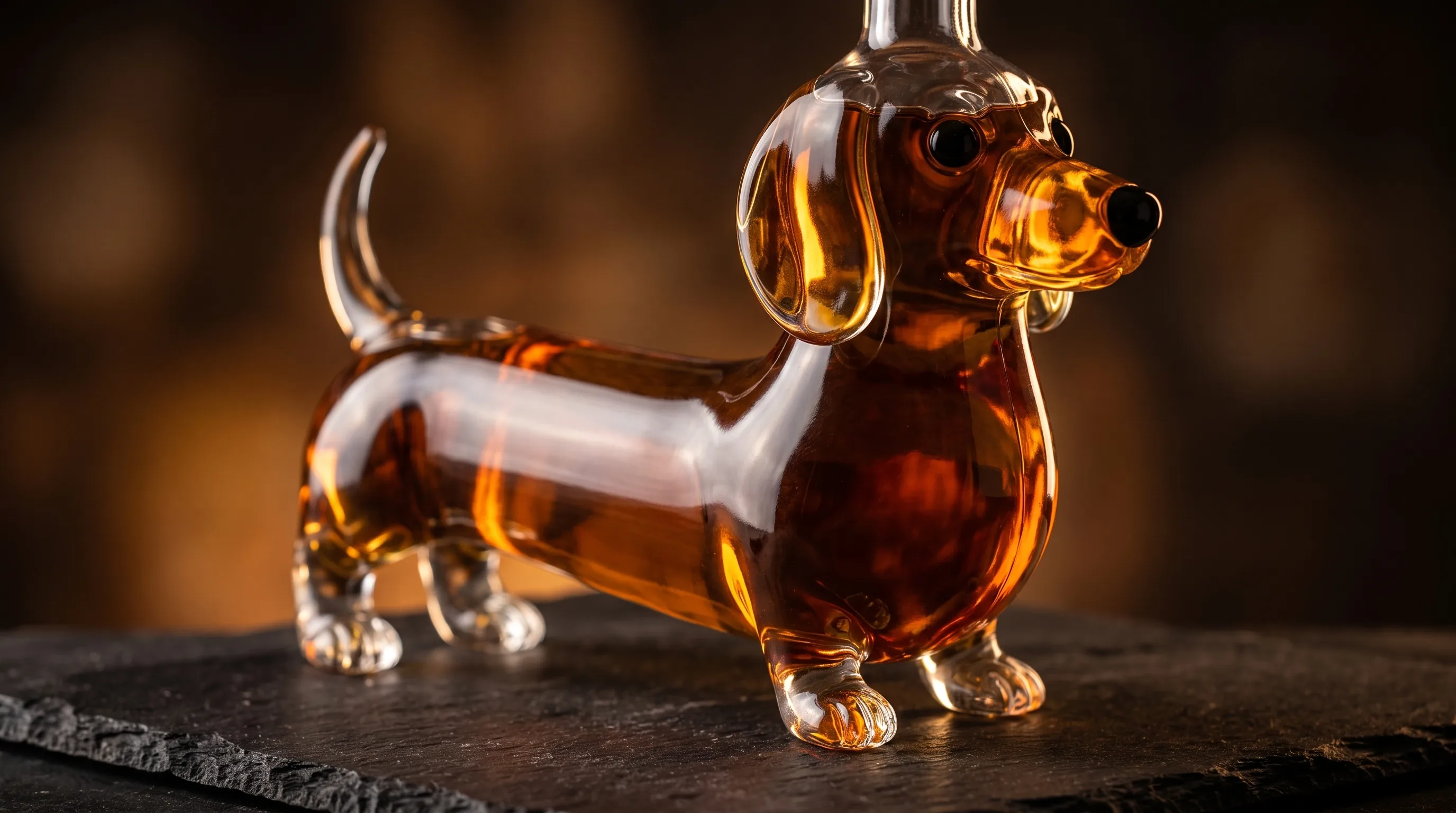 Backlit dachshund-shaped glass decanter