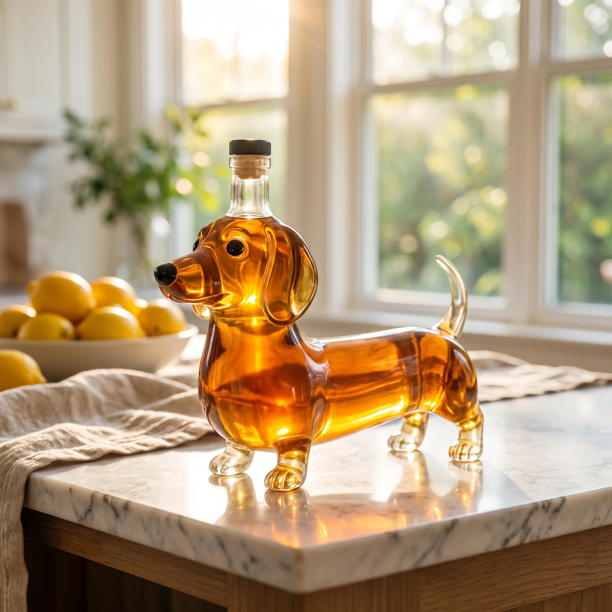 The dachshund decanter on a home bar beside two tumblers