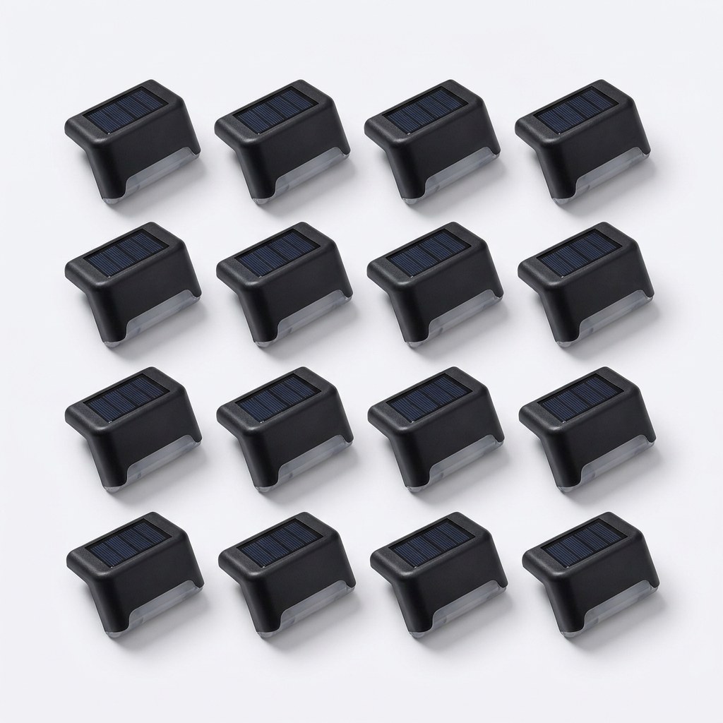 Sixteen matte-black solar deck lights laid out in a four by four grid on a white surface