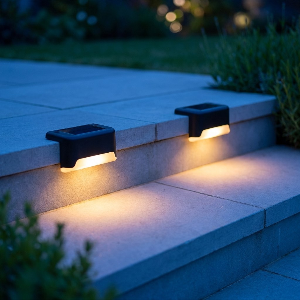Two solar step lights washing warm light down a pale grey stone garden step at dusk