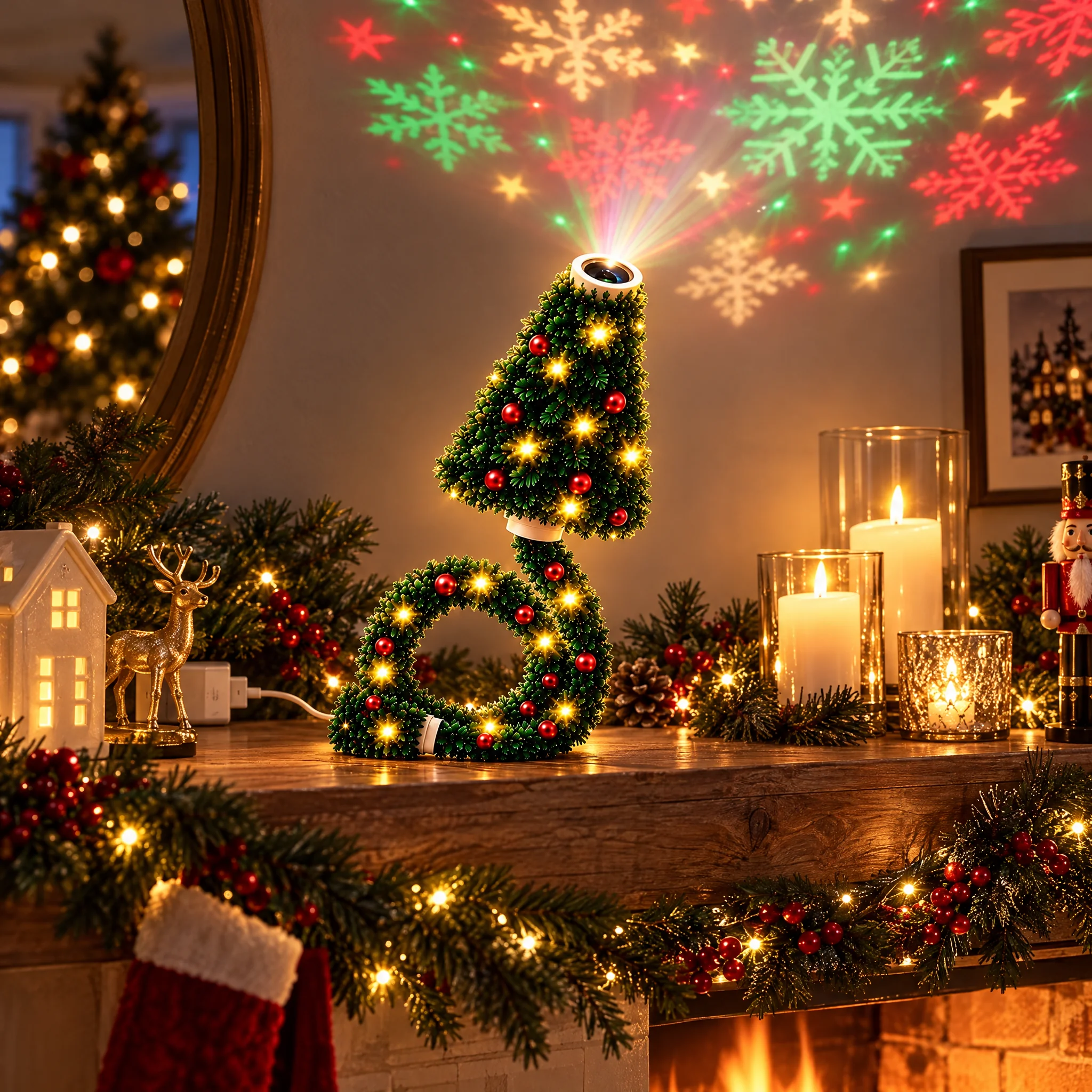 Christmas Tree Projector glowing on a mantel in a dark living room