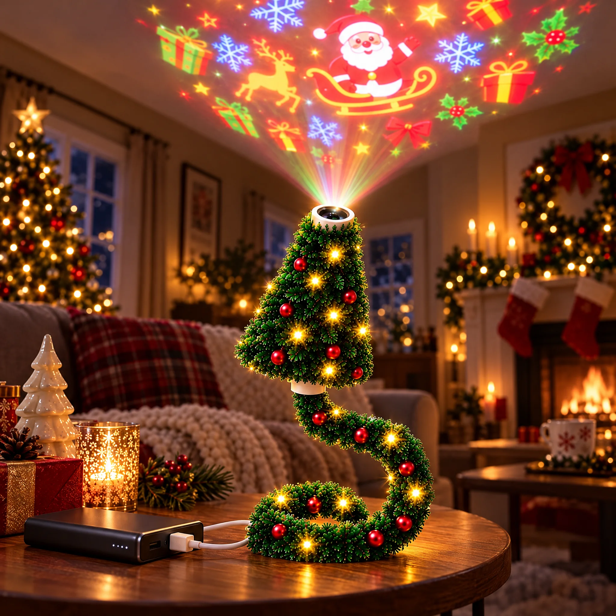 Christmas Tree Projector on a dark side table lighting a festive scene onto the ceiling