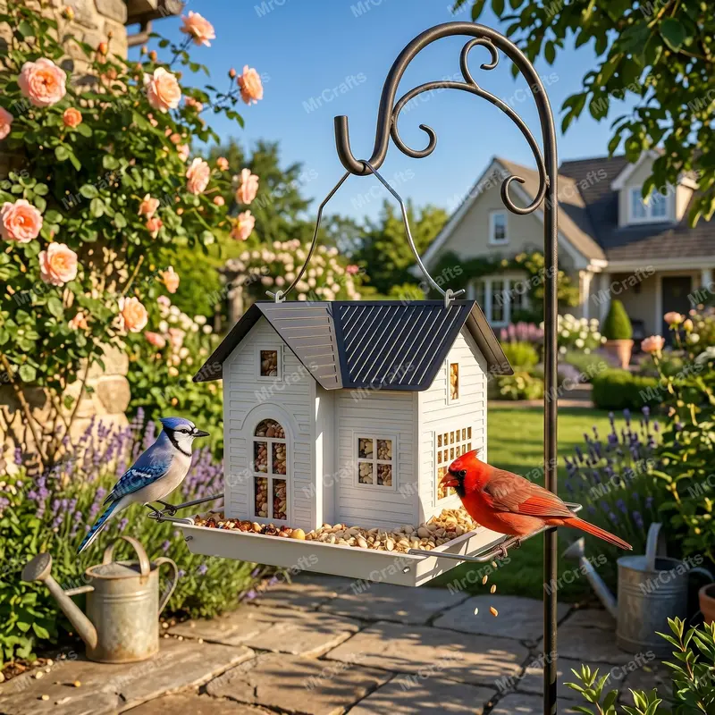 Solar bird feeder garden detail