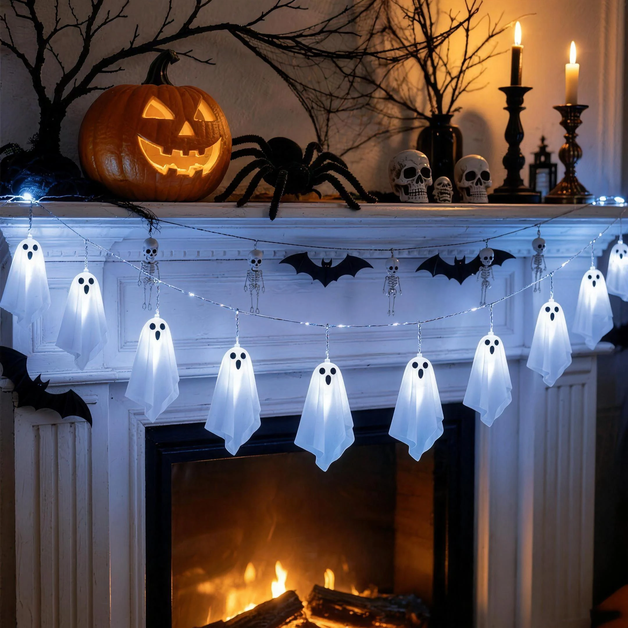 White fabric ghost lights strung along an indoor mantel above a lit fireplace