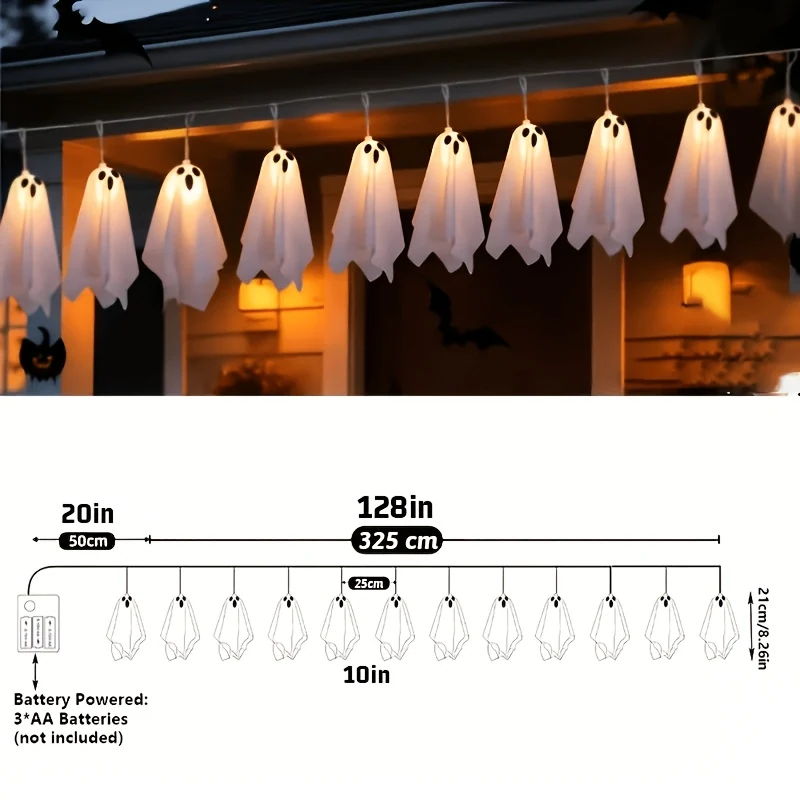Diagram of the ghost light string showing a 128 inch lit length, 25cm spacing and a battery box on a 20 inch lead