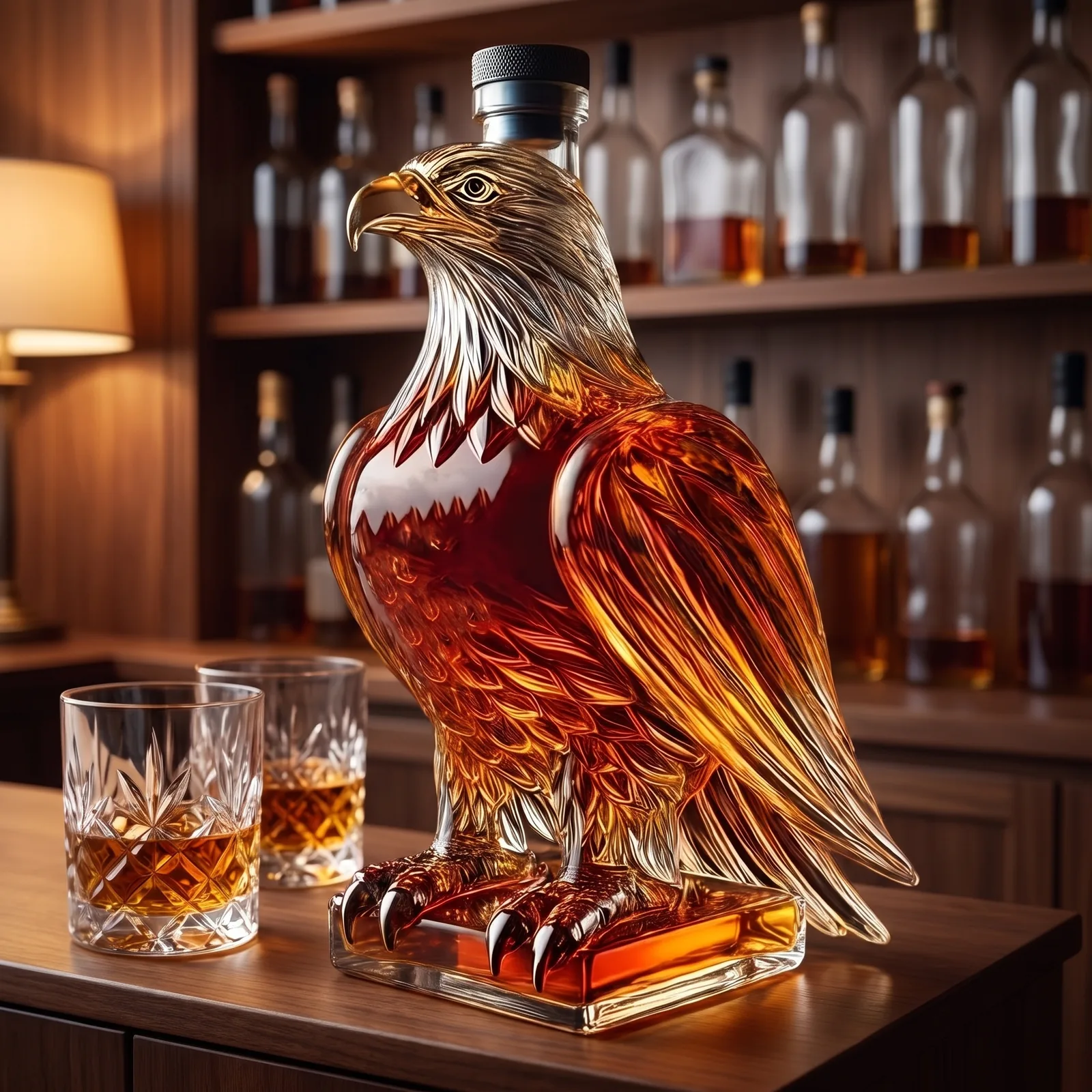 The eagle decanter on a home bar beside two cut-crystal tumblers