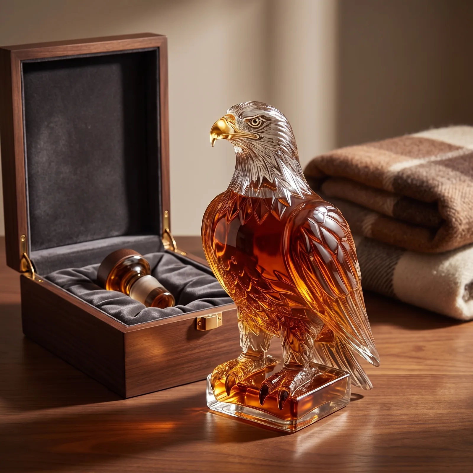 The eagle decanter beside an open lined gift box