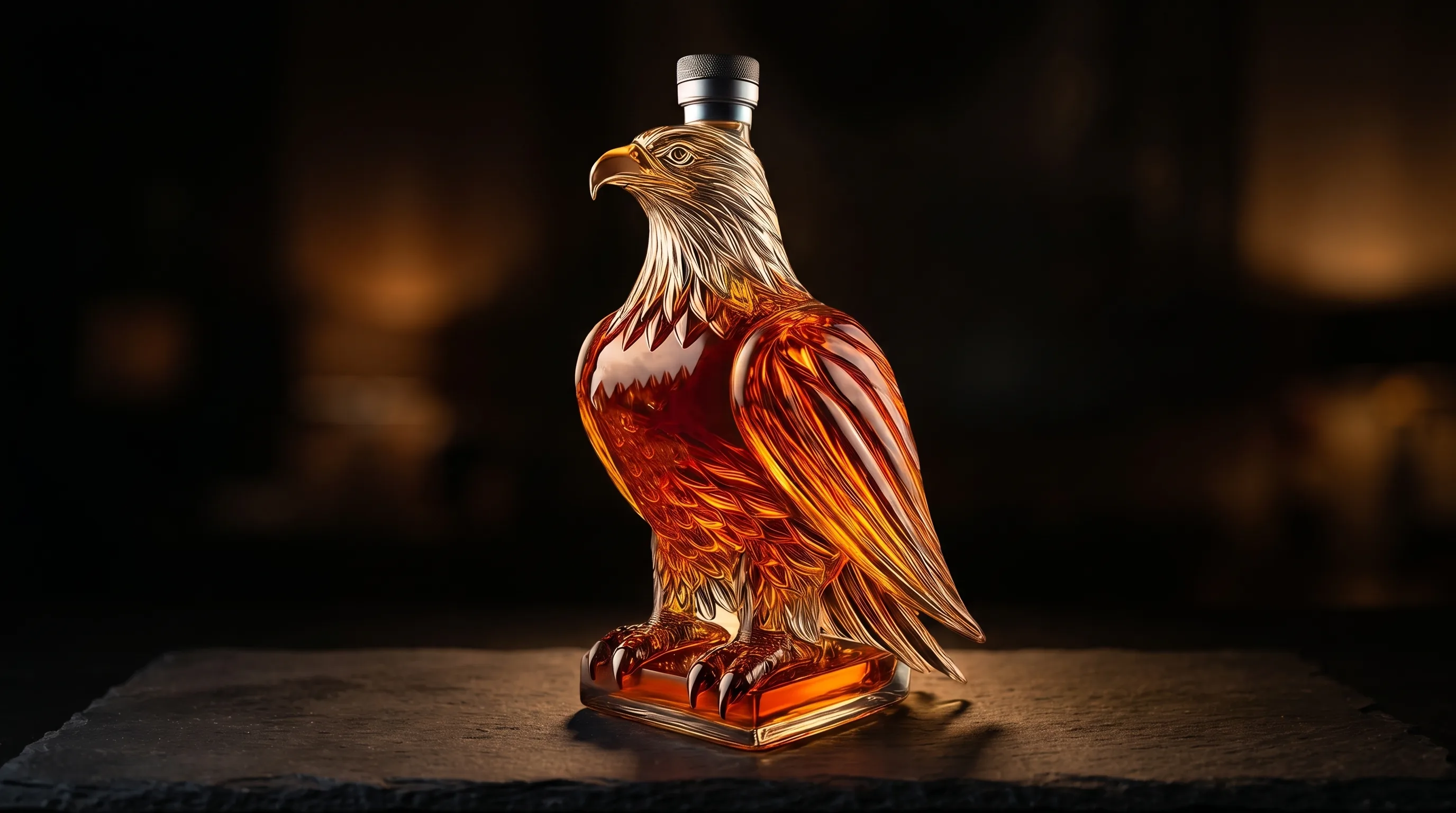 Backlit eagle-shaped glass decanter with the feather detail glowing