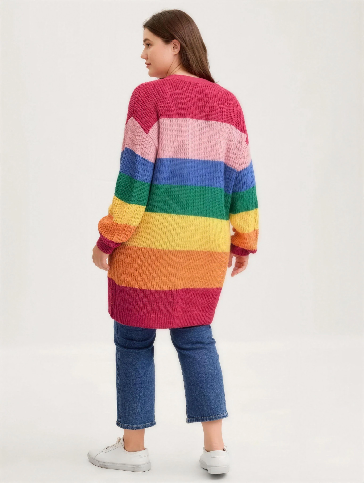 Back view of the rainbow stripe longline cardigan