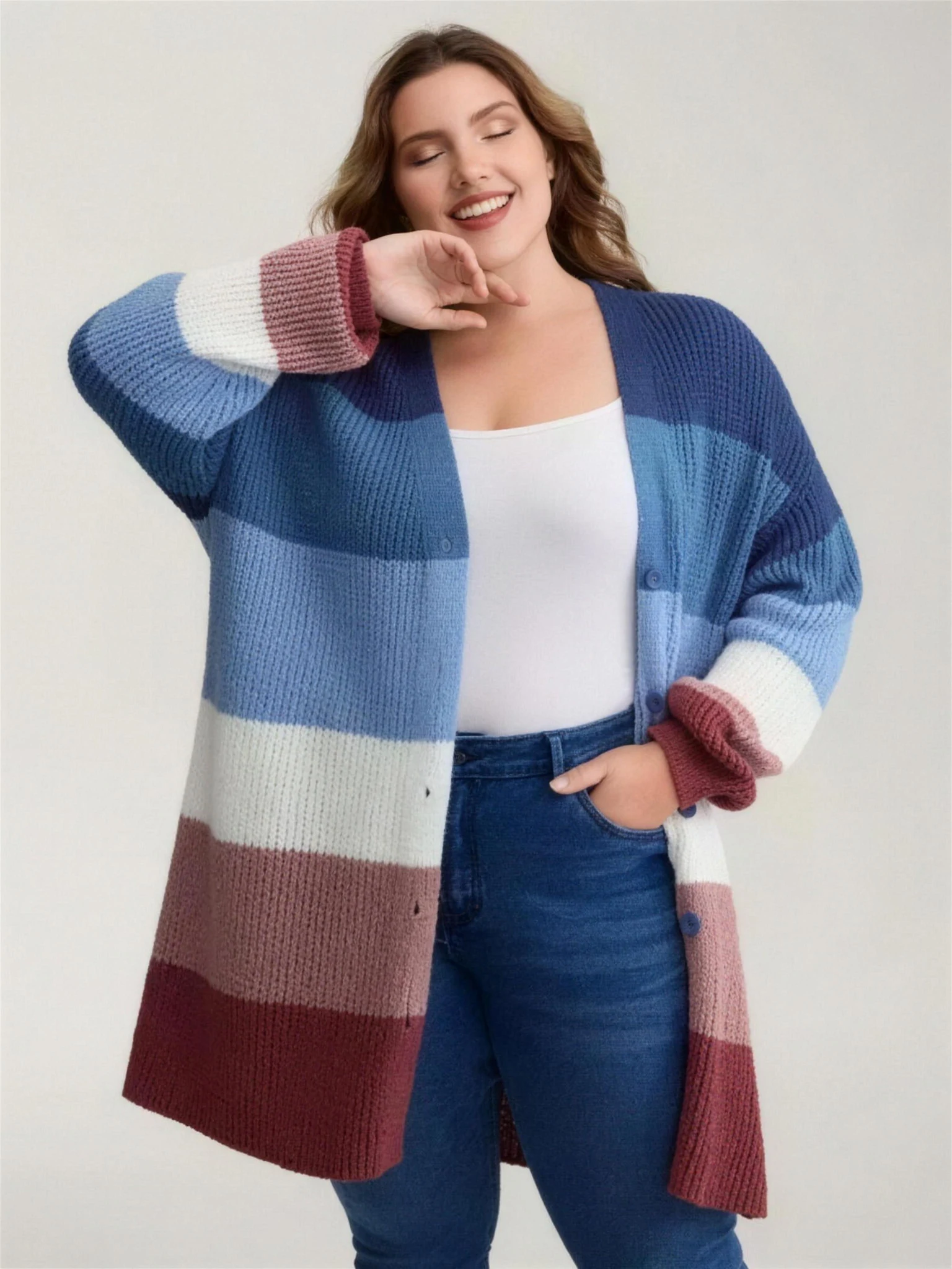The same cardigan in the Russet colourway