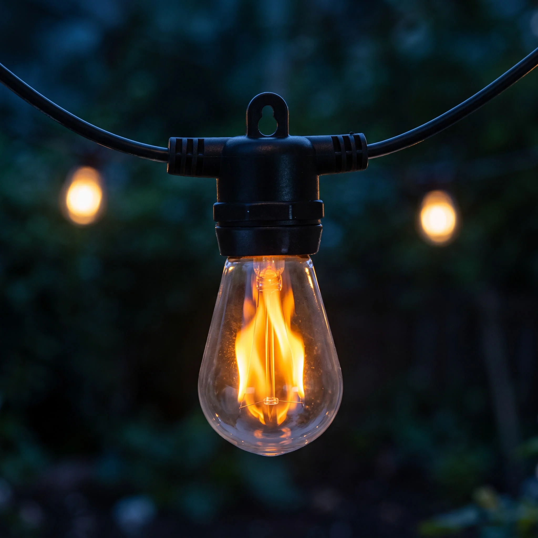 Close-up of one bulb showing the flame flicker effect at night