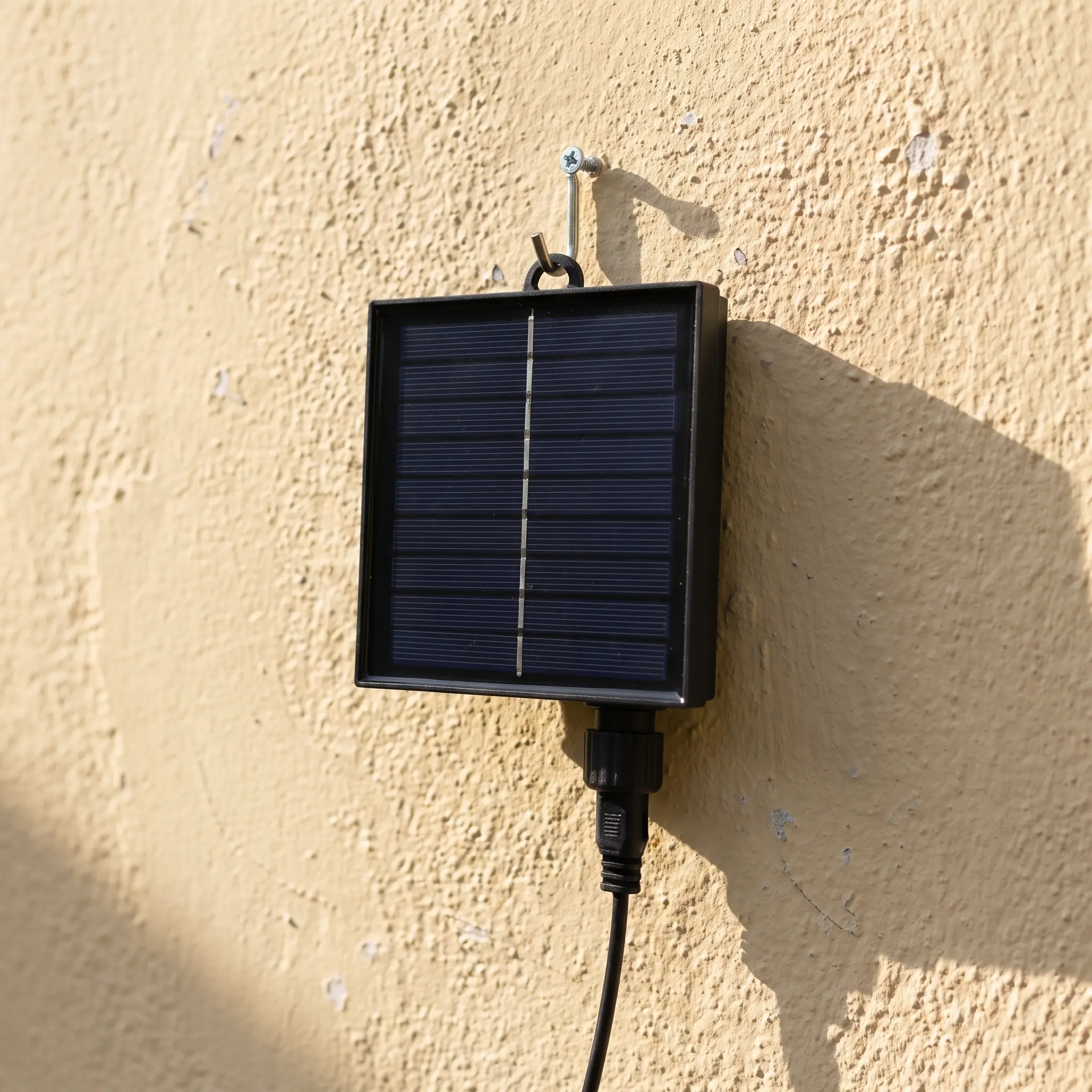 The solar panel hung on a screw hook on a garden wall