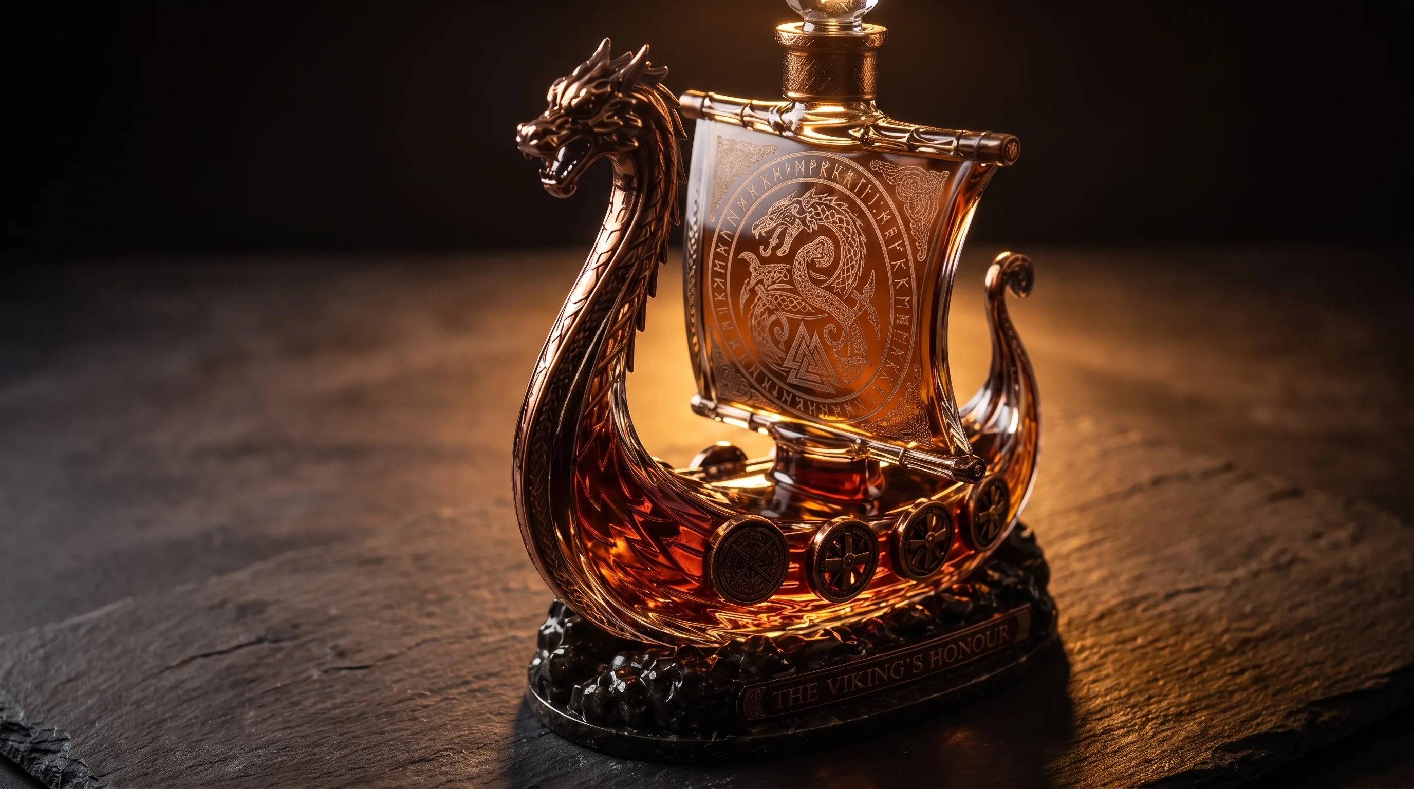Backlit Viking dragon-boat glass decanter