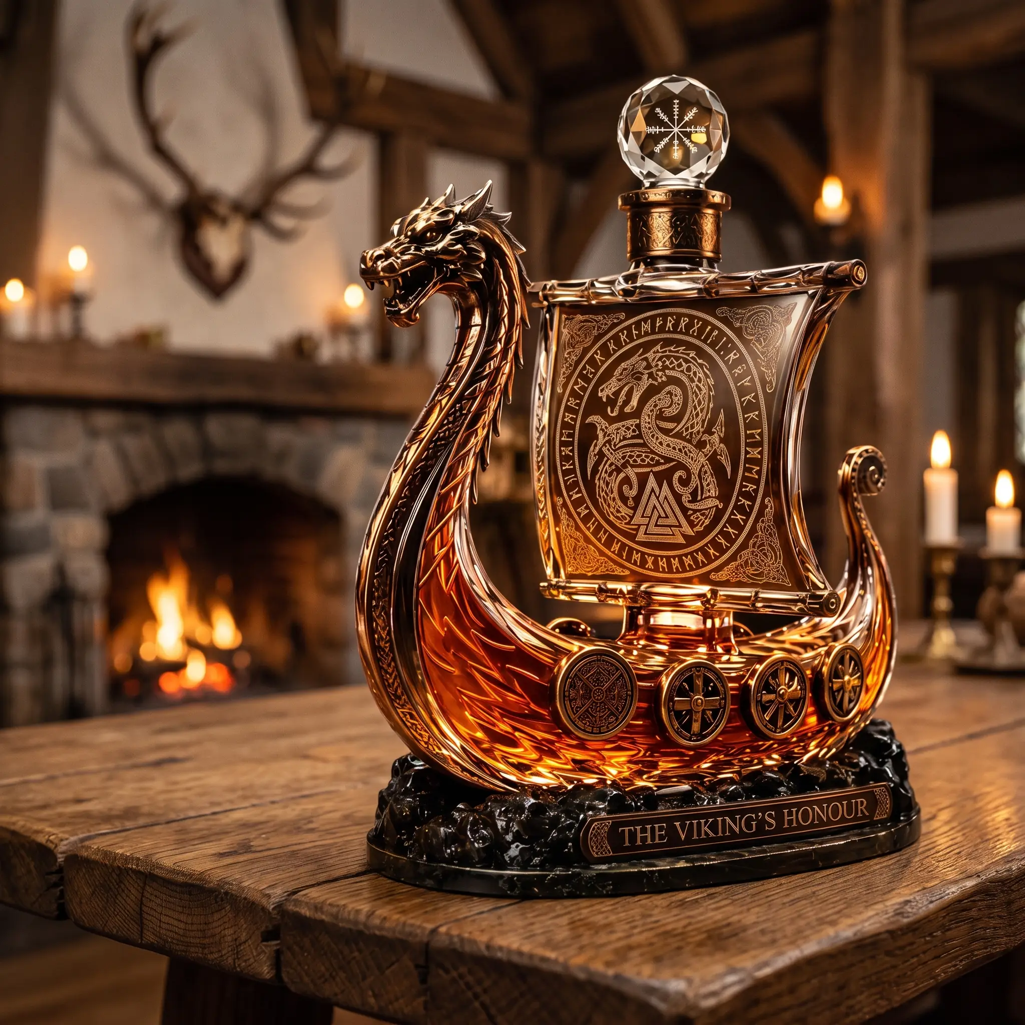 The Viking boat decanter on a sideboard beside two tumblers
