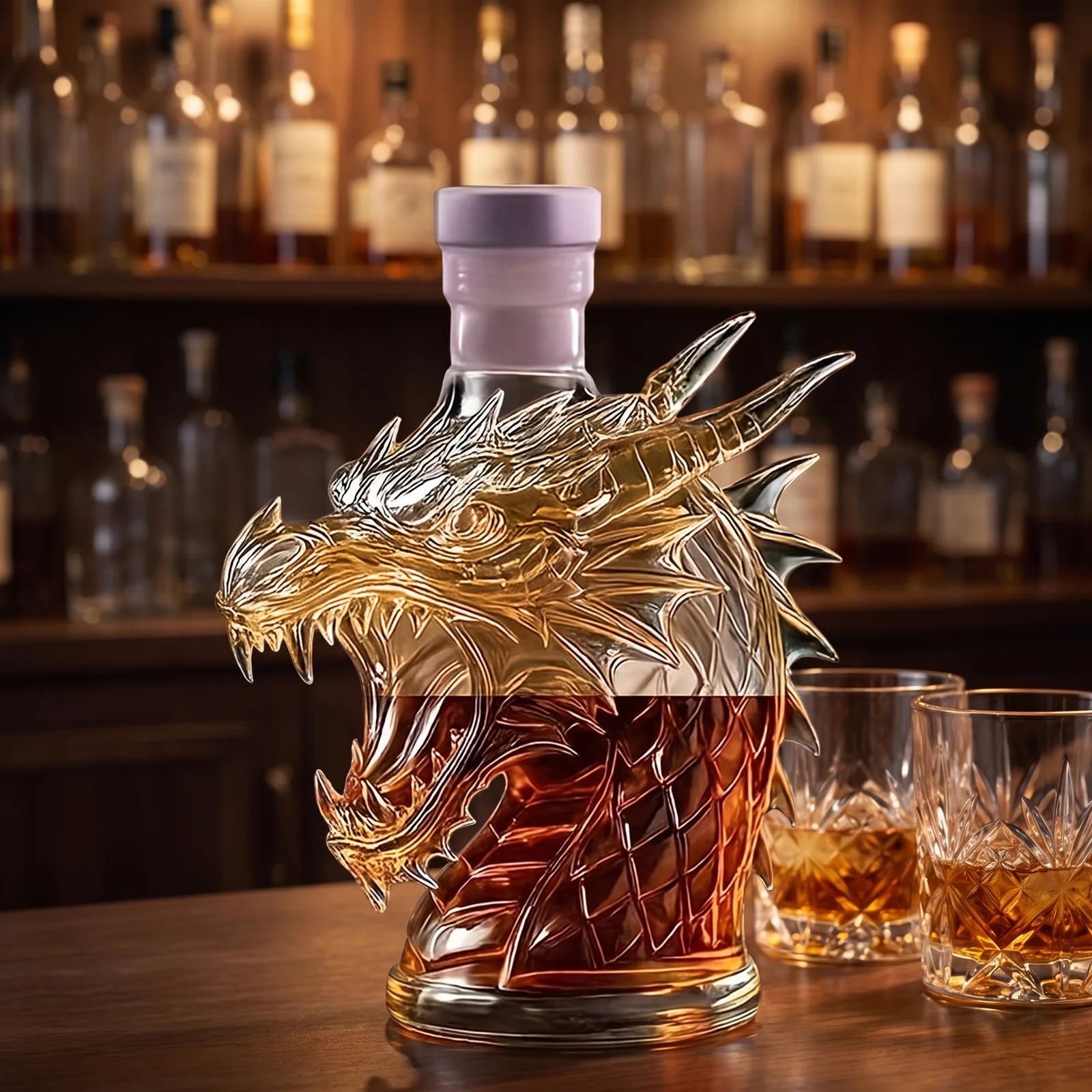 The dragon decanter on a home bar beside two tumblers
