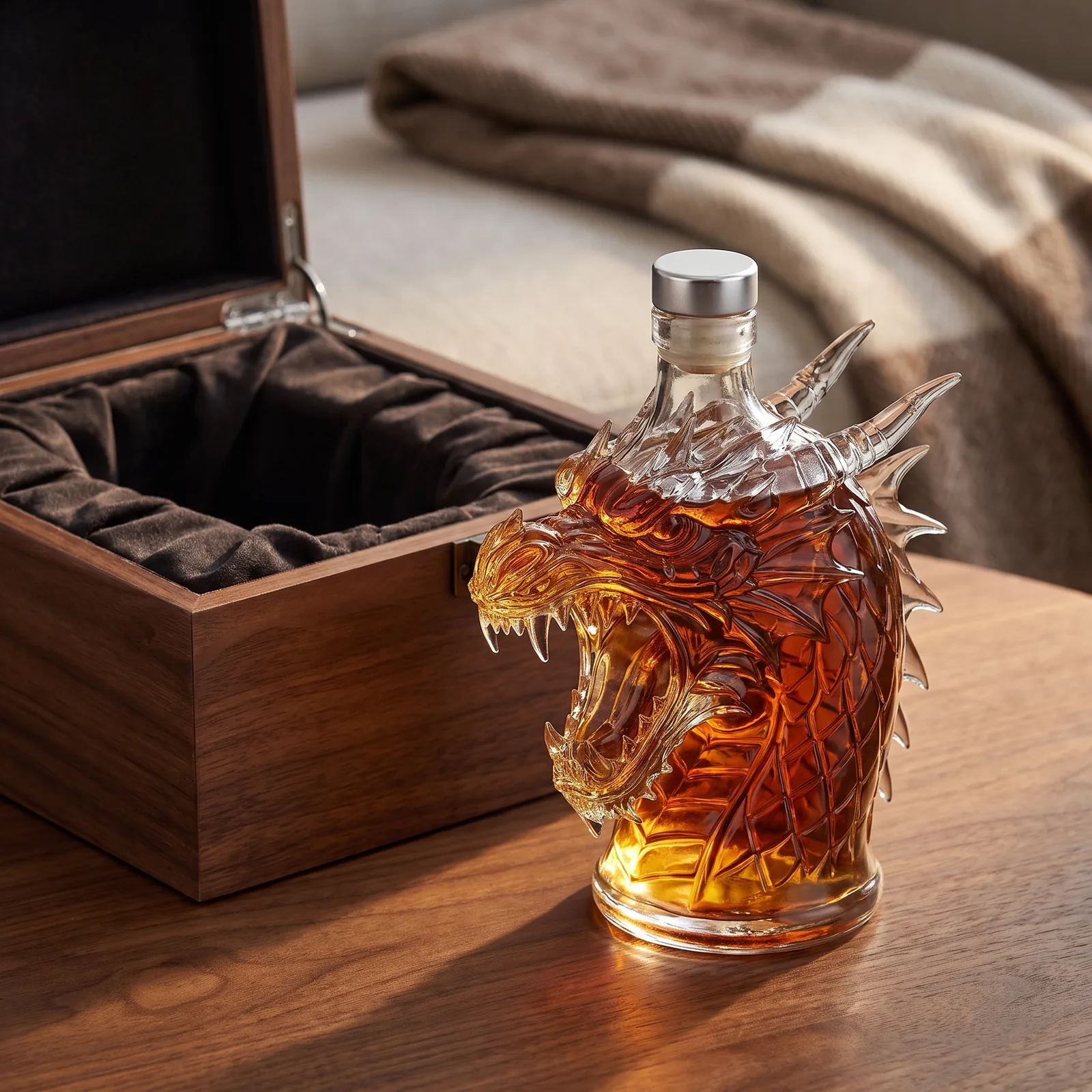 The dragon decanter beside an open lined gift box