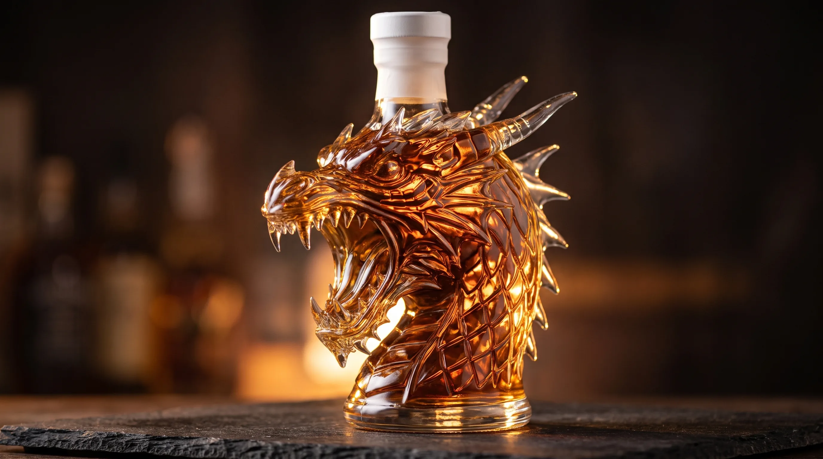 Backlit dragon-shaped glass decanter with the scale detail glowing