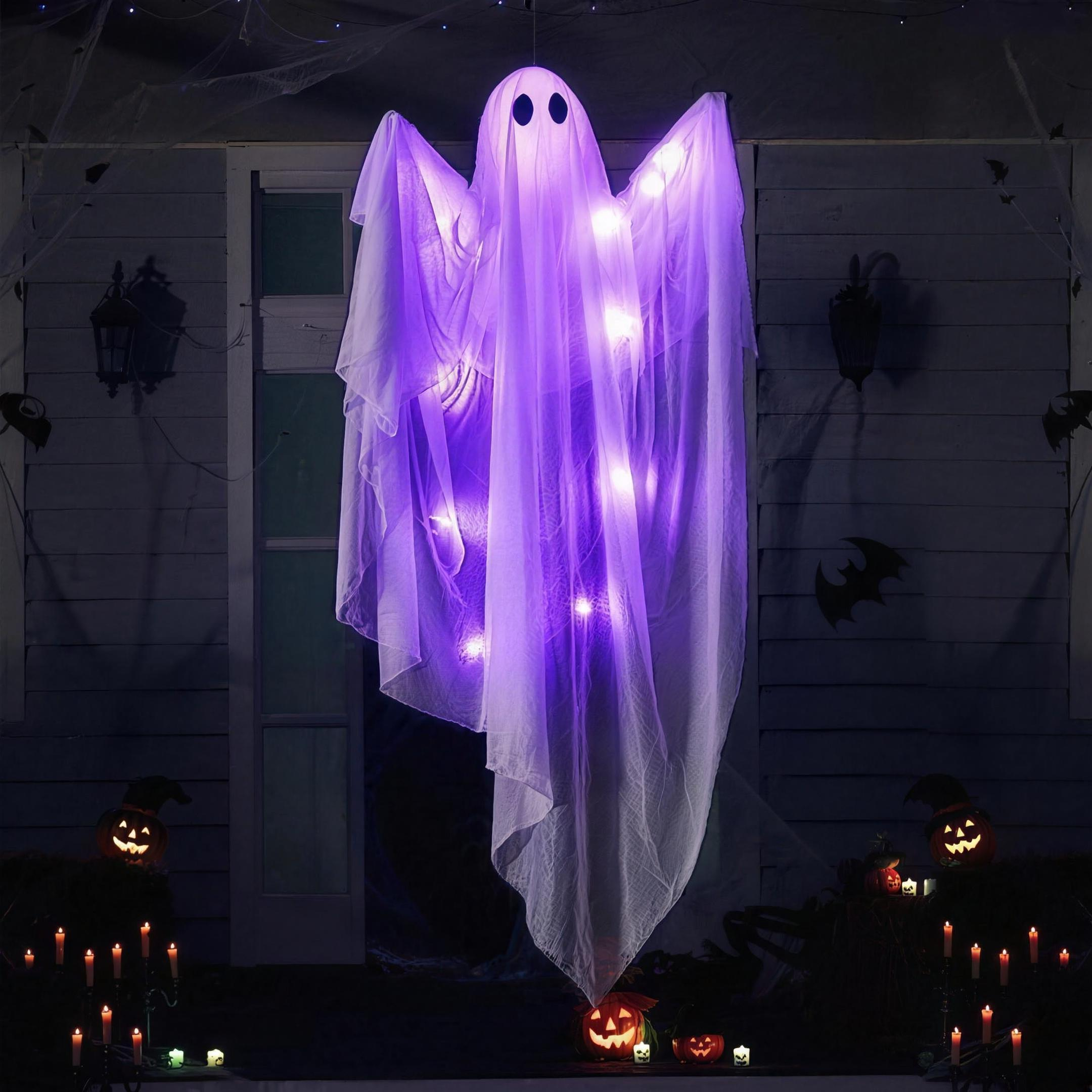 Ghost hanging on a porch, purple LED glow