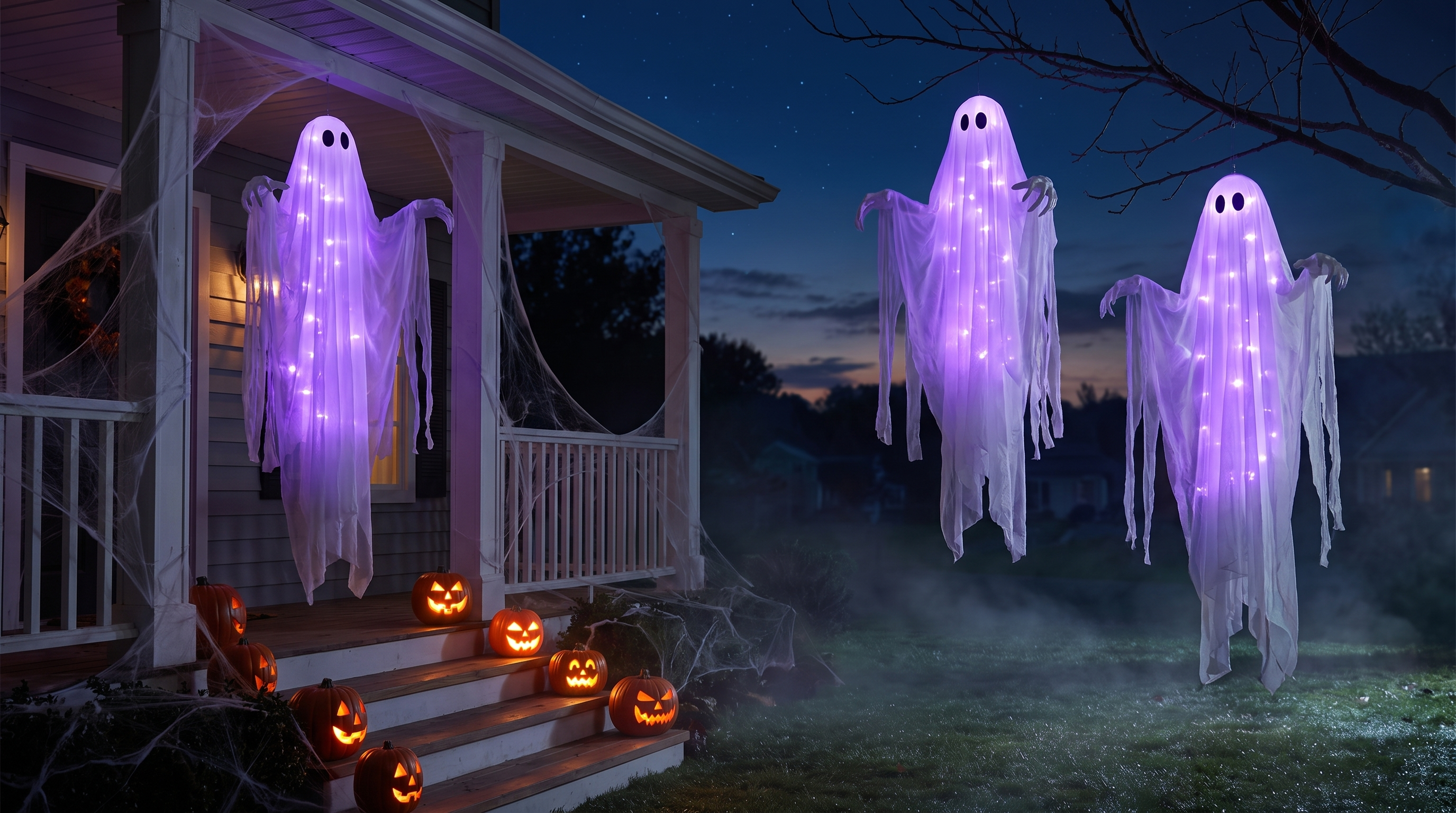 Several glowing ghosts across a front yard