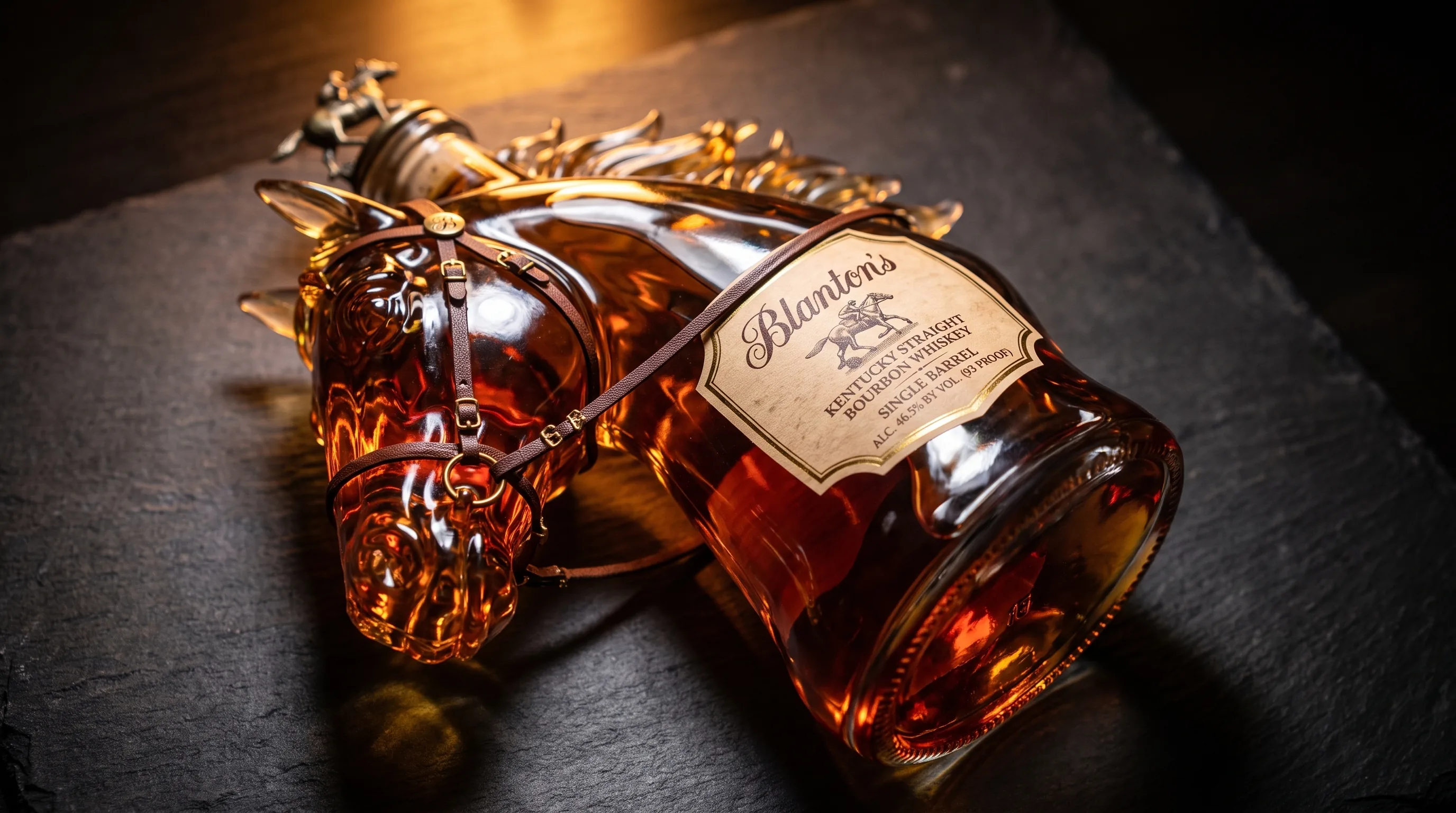 Backlit sculptural horse-head glass decanter