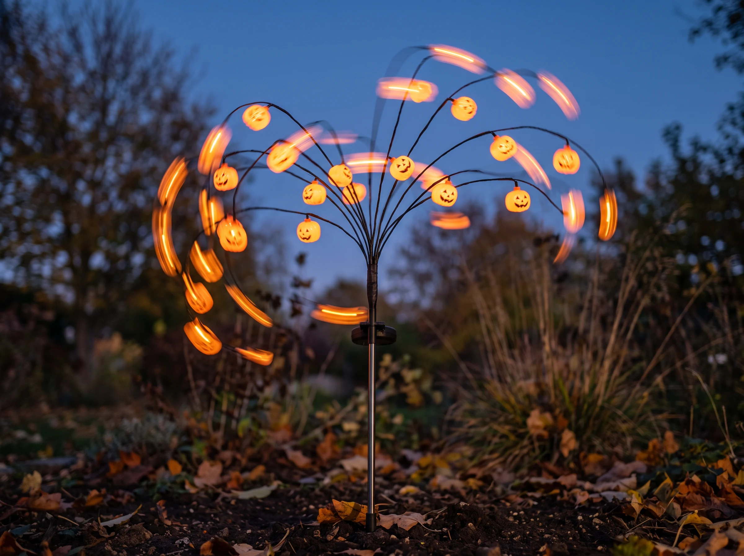 A pumpkin willow stake caught mid-sway at dusk, the branches and glowing pumpkins softly streaked with movement against a deep blue sky