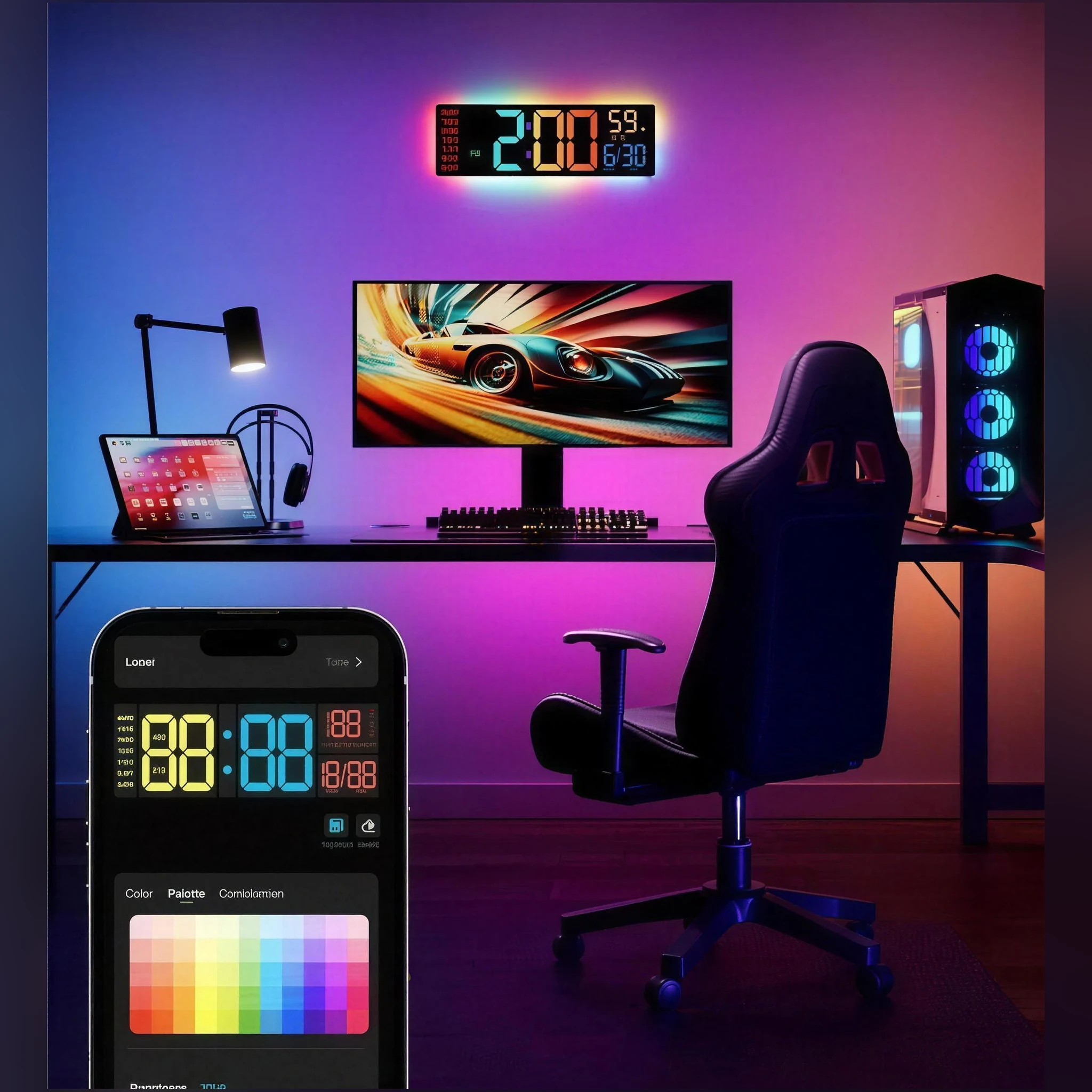 Smart RGB clock above a desk in a gaming room lit in purple and blue