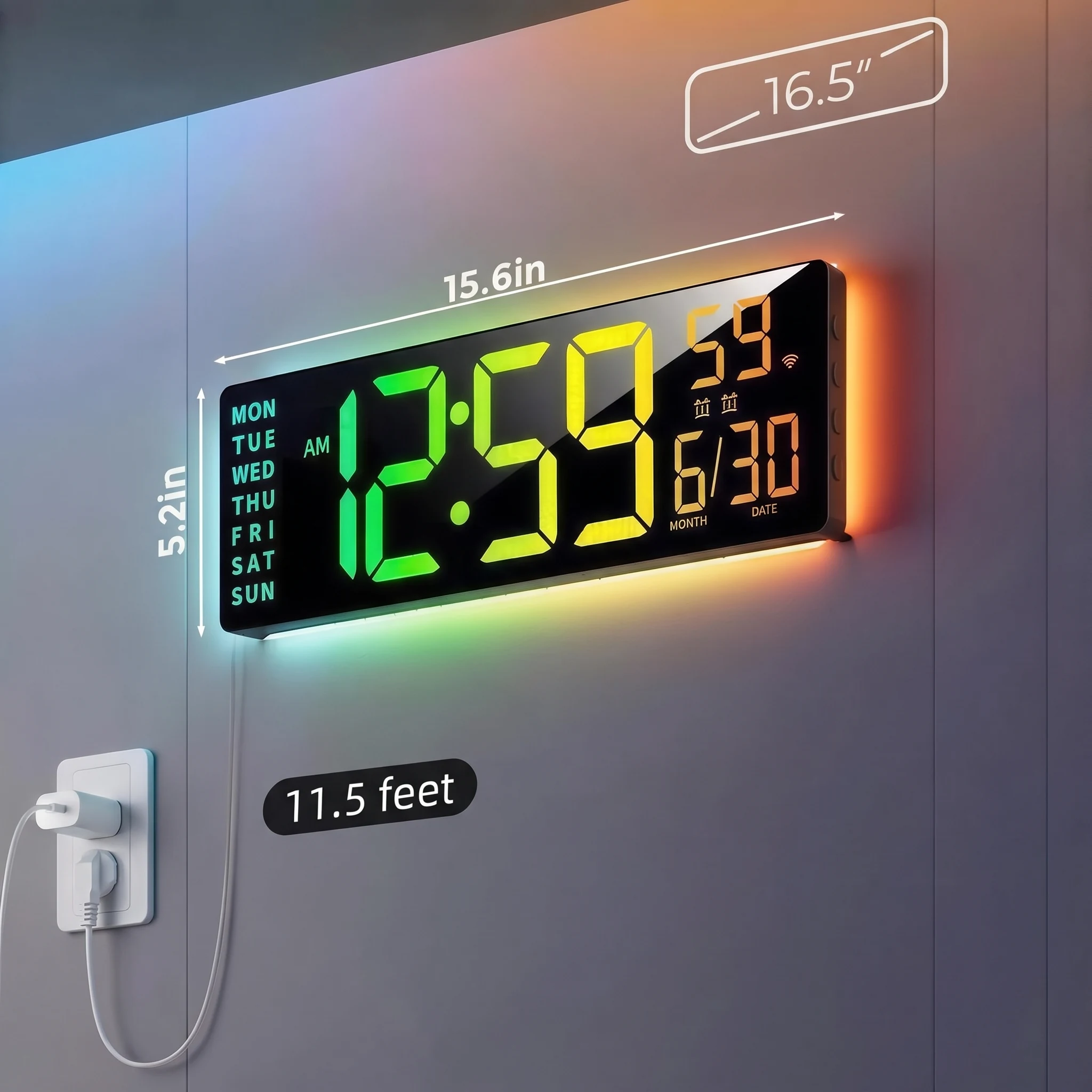 Wall mounted clock showing its 15.6 by 5.2 inch body and 11.5 foot cable