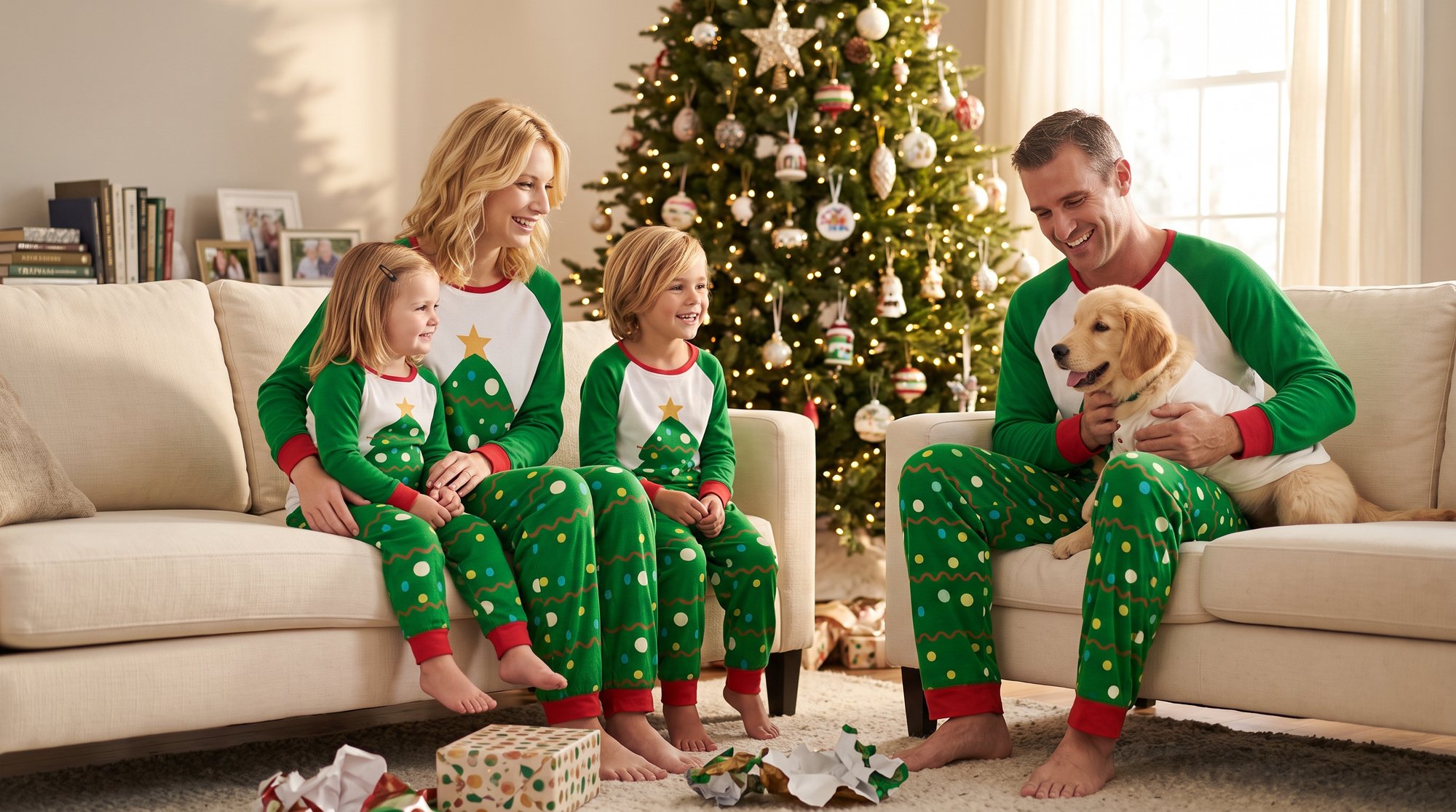 Family of four and a puppy on a cream sofa in matching green Christmas tree pajamas beside a decorated tree
