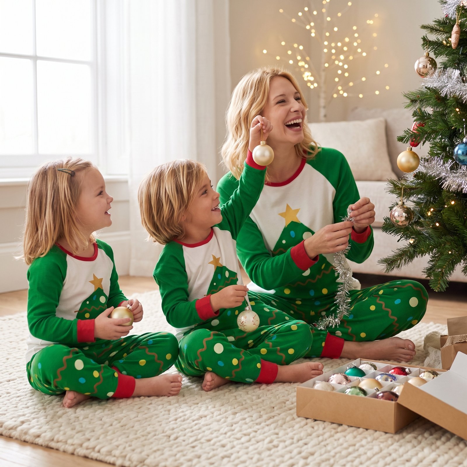 Mother and two children decorating a Christmas tree in matching green tree-print pajamas