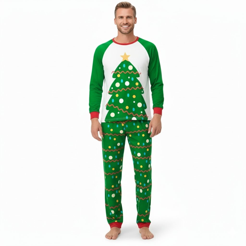 Man wearing the green Christmas tree pajama set, front view on white
