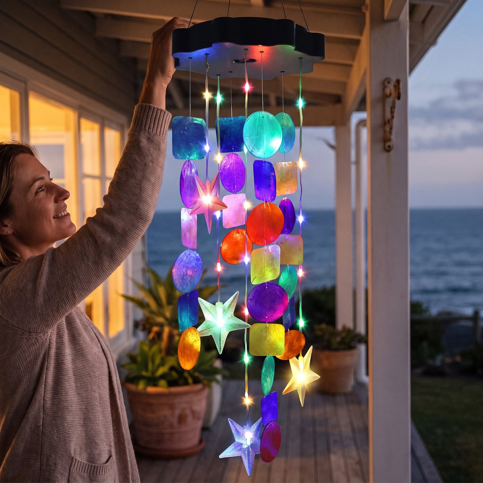 Hanging the chime from a porch hook at dusk