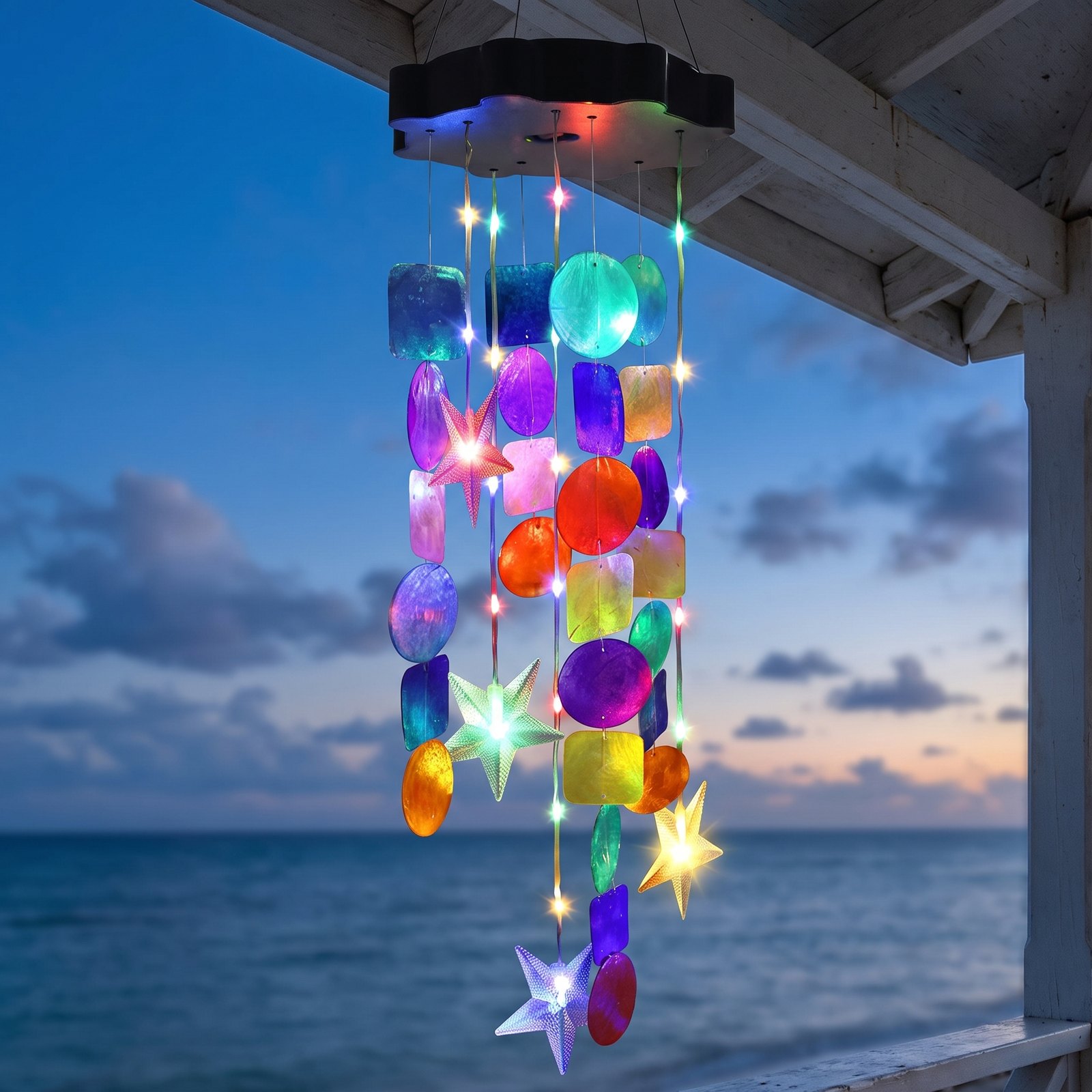 The chime glowing at dusk on a coastal porch