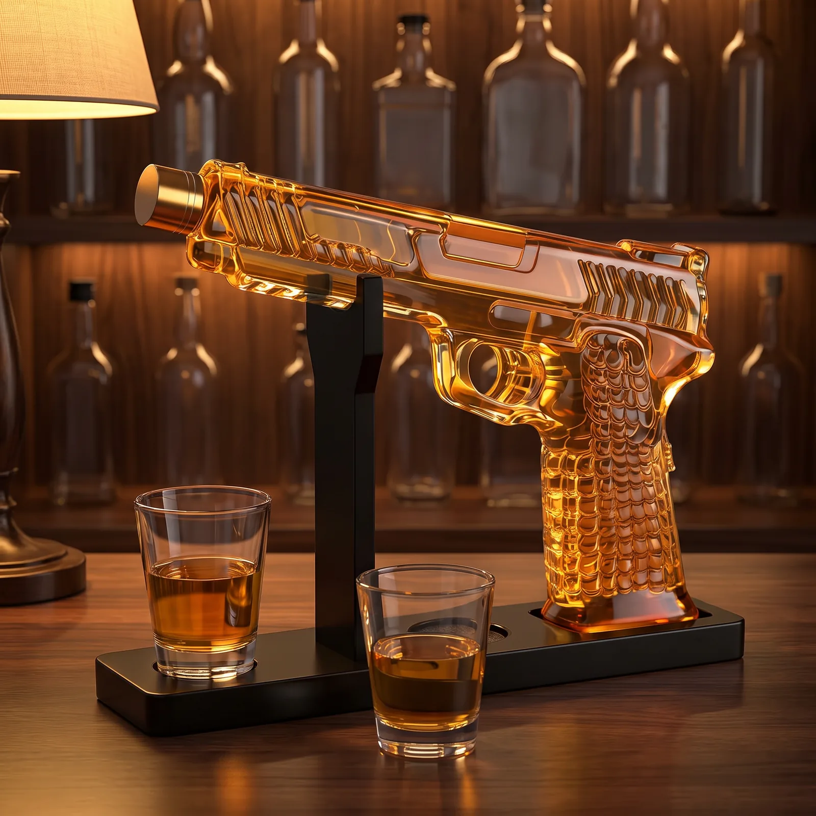 The gun decanter set on a home bar