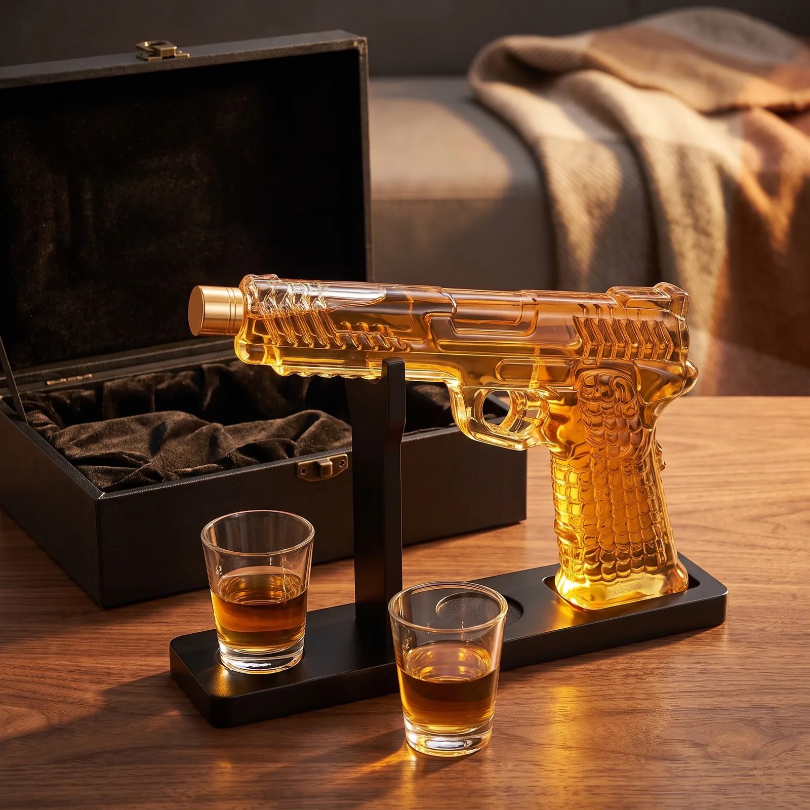 The gun decanter set beside an open lined gift box
