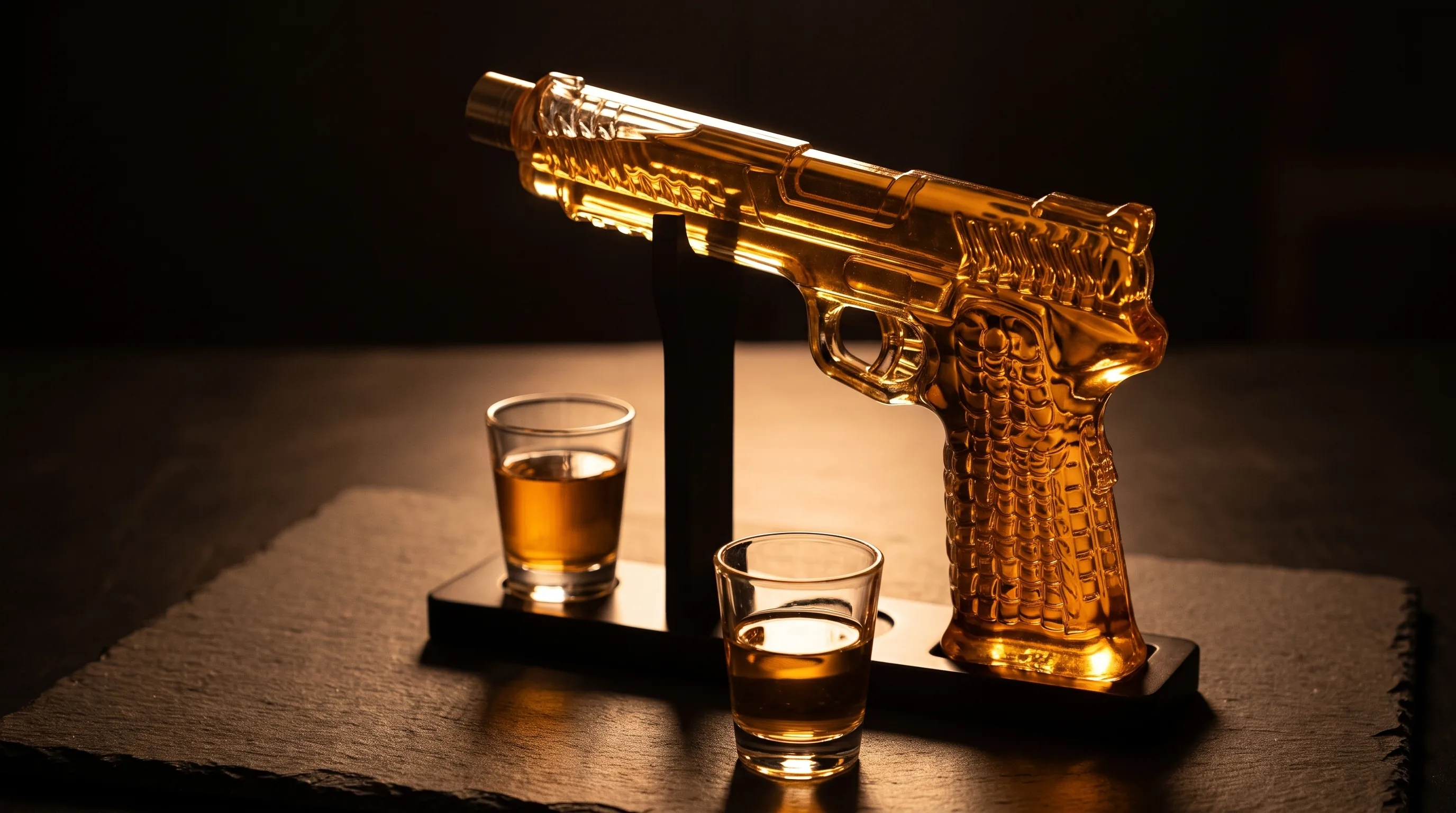 Backlit pistol-shaped glass decanter on its stand with two shot glasses