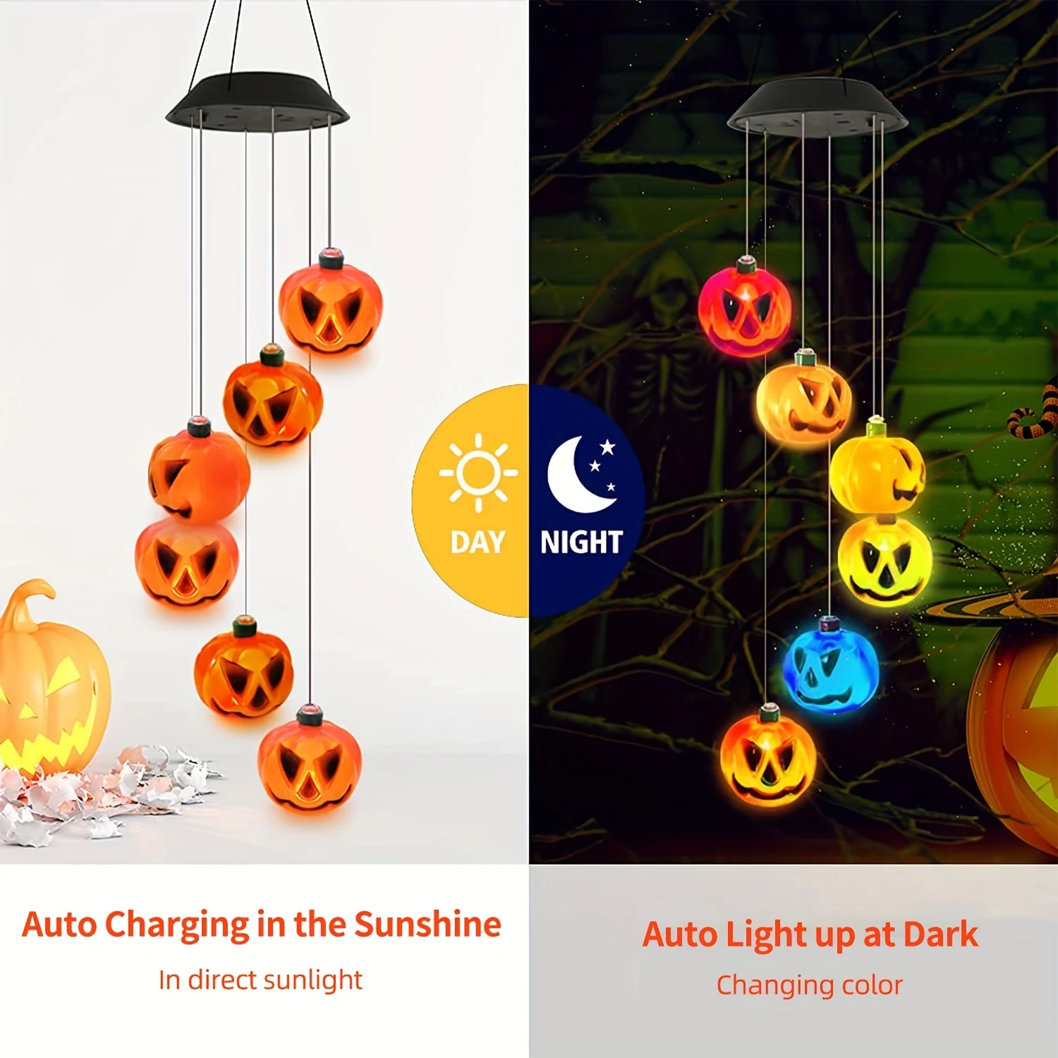 Two panels showing the chime charging in direct sunlight by day and lit up in colour after dark