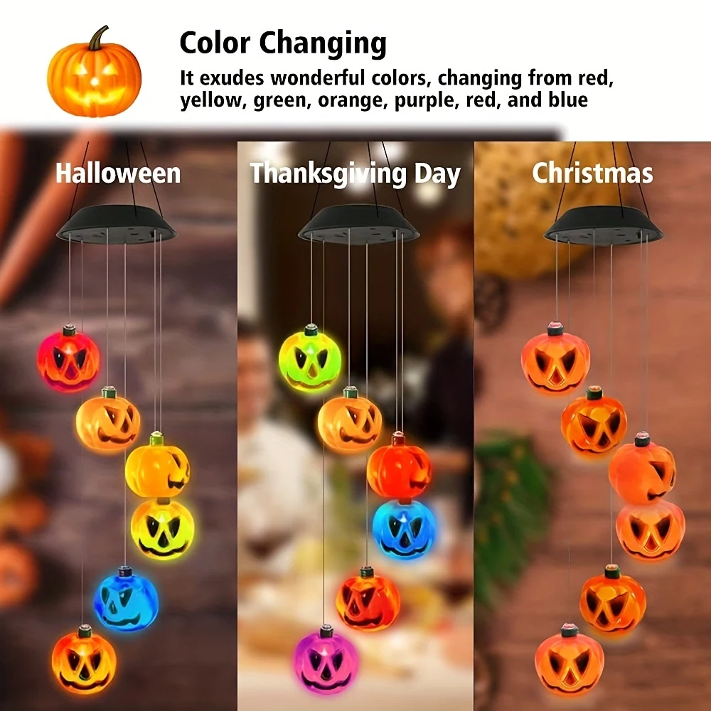 The same chime shown lit for Halloween, Thanksgiving and Christmas