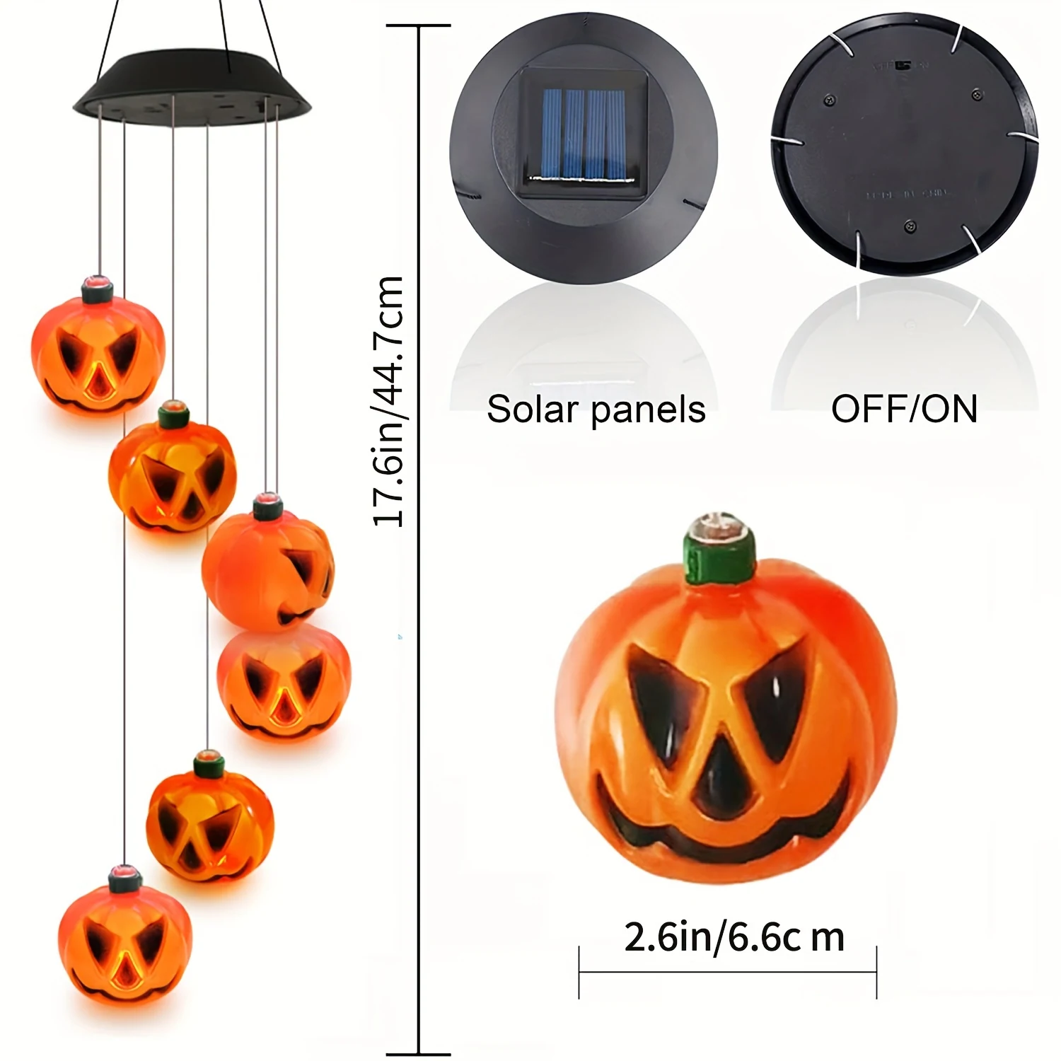 Dimensioned diagram: the chime is 17.6 inches long, each pumpkin 2.6 inches across, with the solar panel and on/off switch on the cap