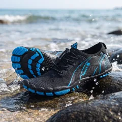 Black and blue water shoes on the shoreline
