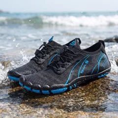 Black and blue water shoes with a wave splash