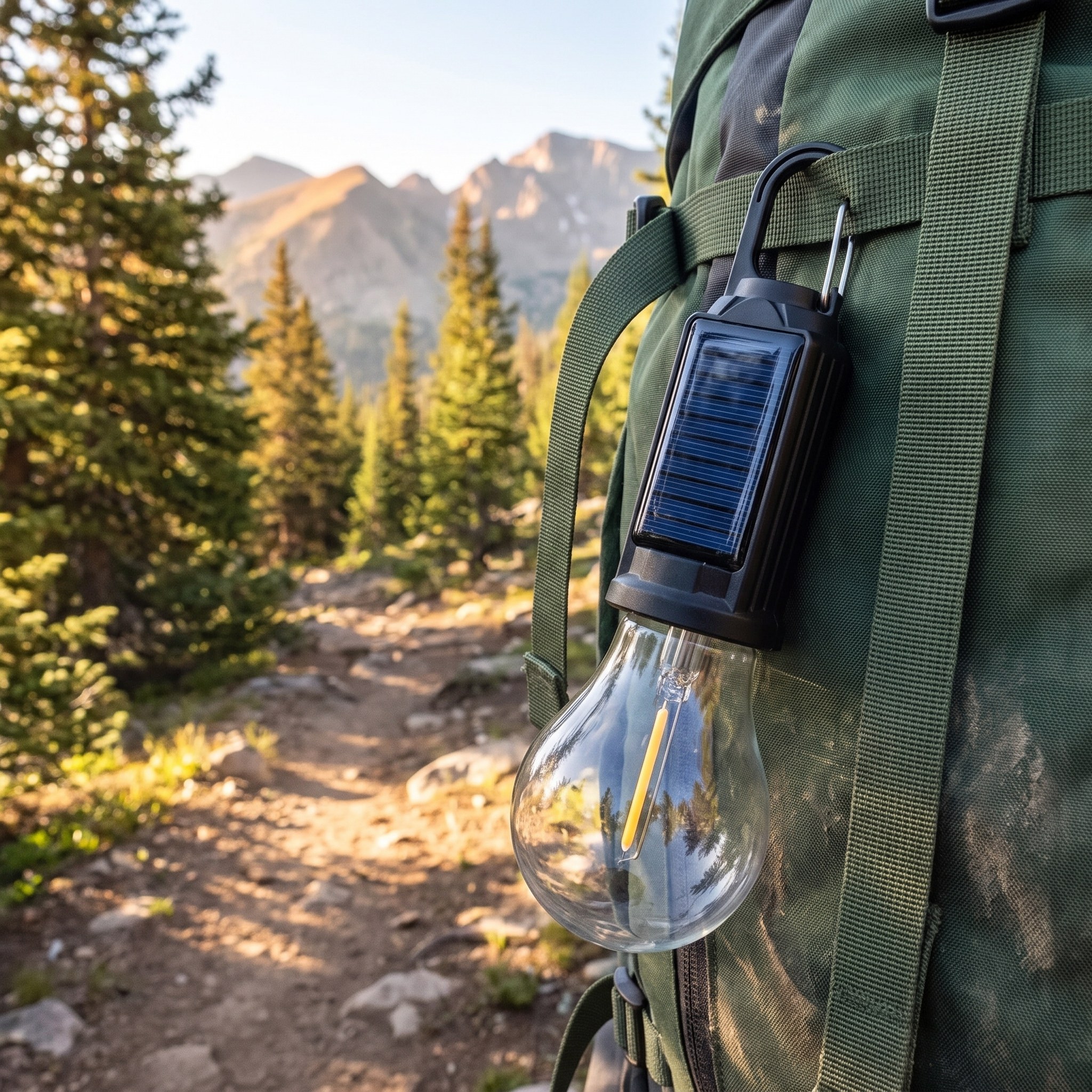 Solar camping bulb light clipped by its carabiner to a hiking backpack on a mountain trail